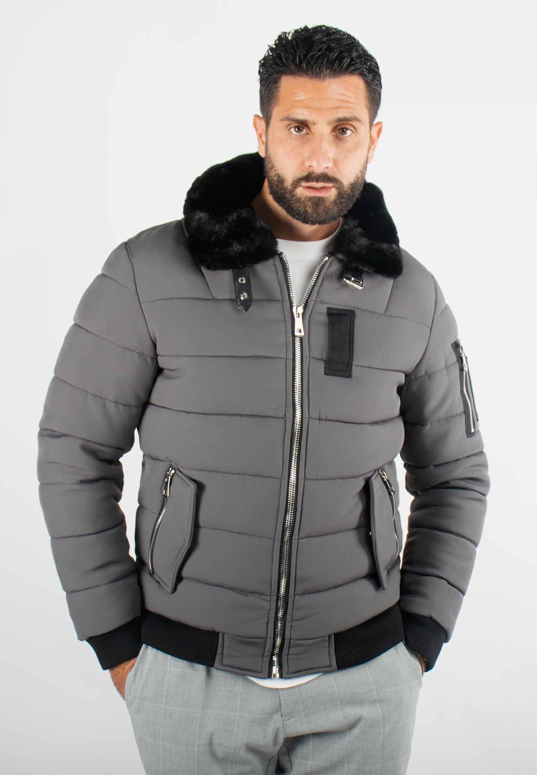 Blouson gris style bombers col fourré gris