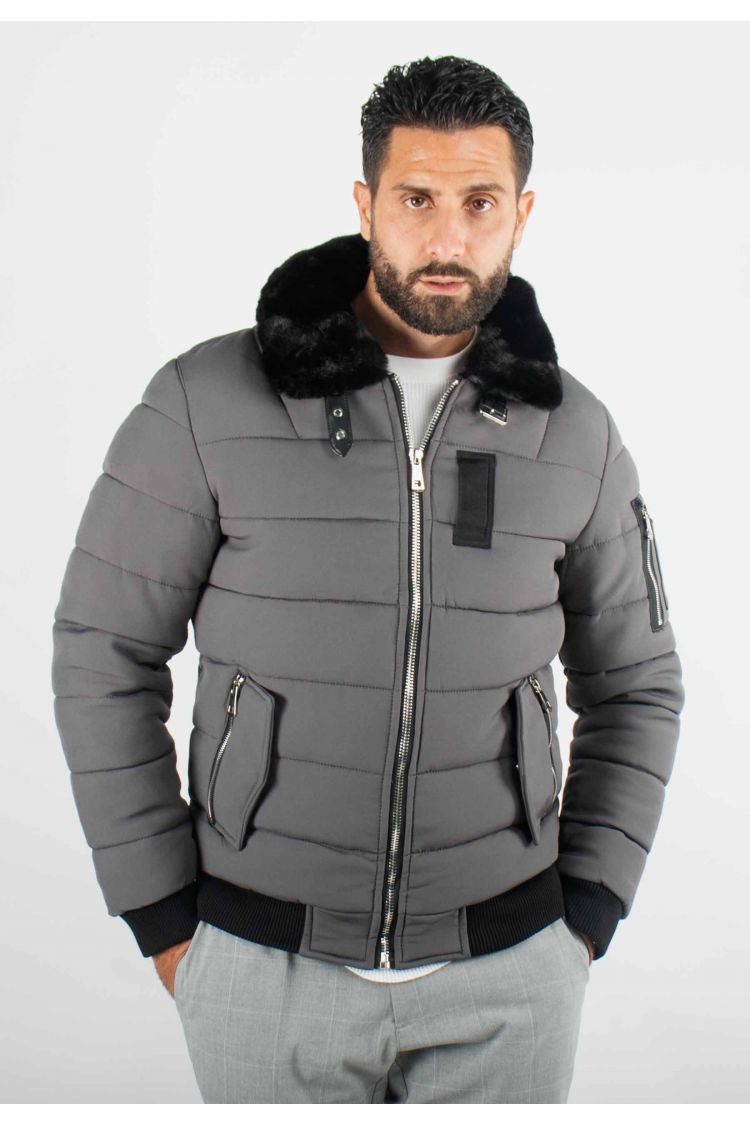 Blouson gris style bombers col fourré gris