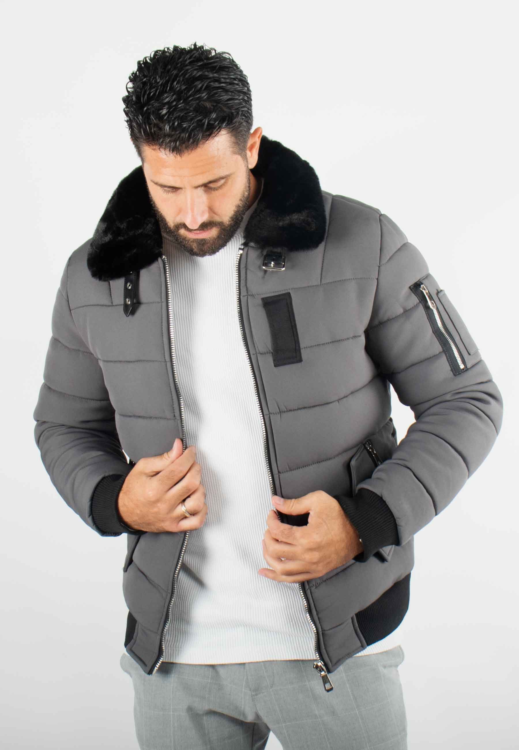 Blouson gris style bombers col fourré gris