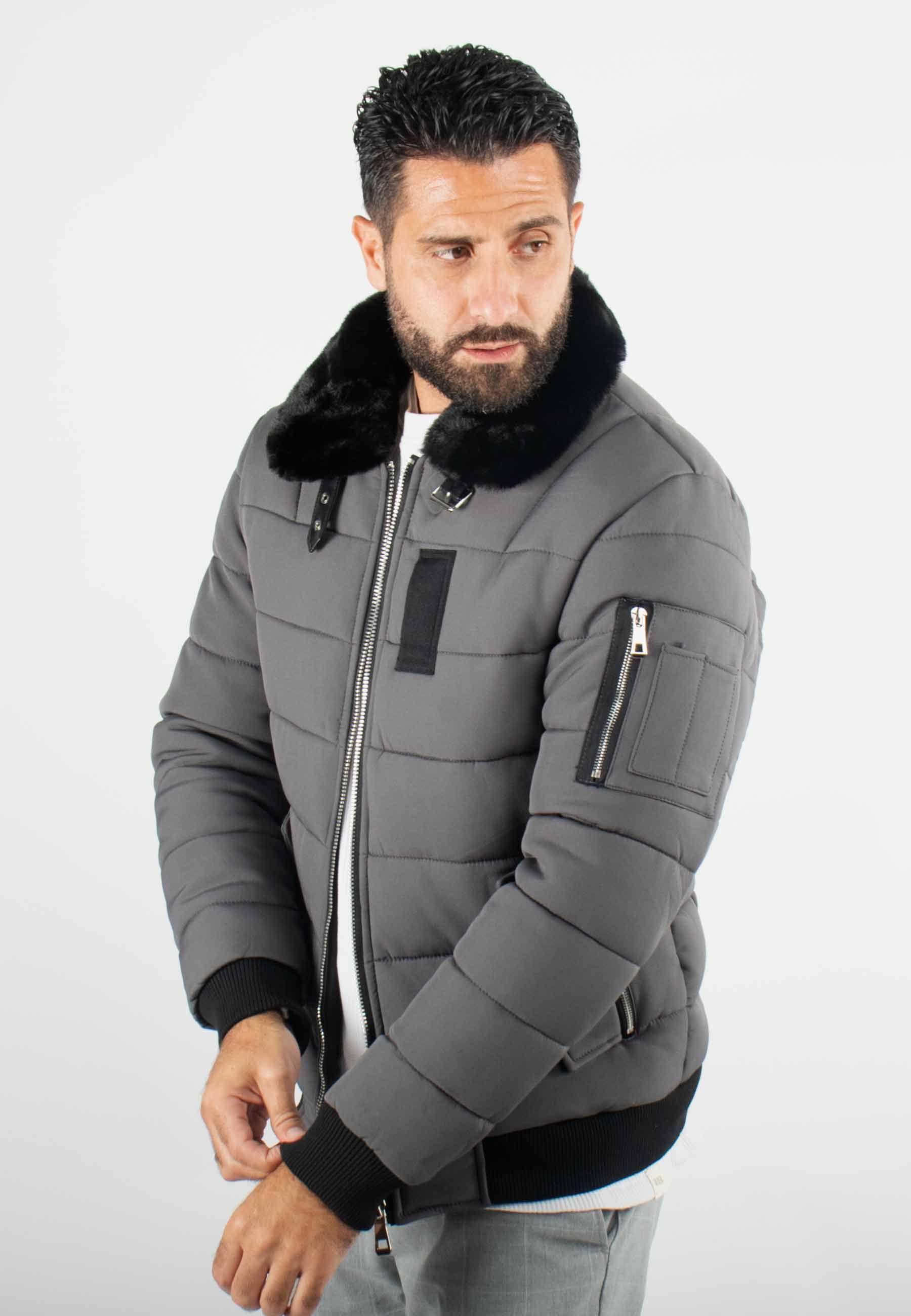 Blouson gris style bombers col fourré gris