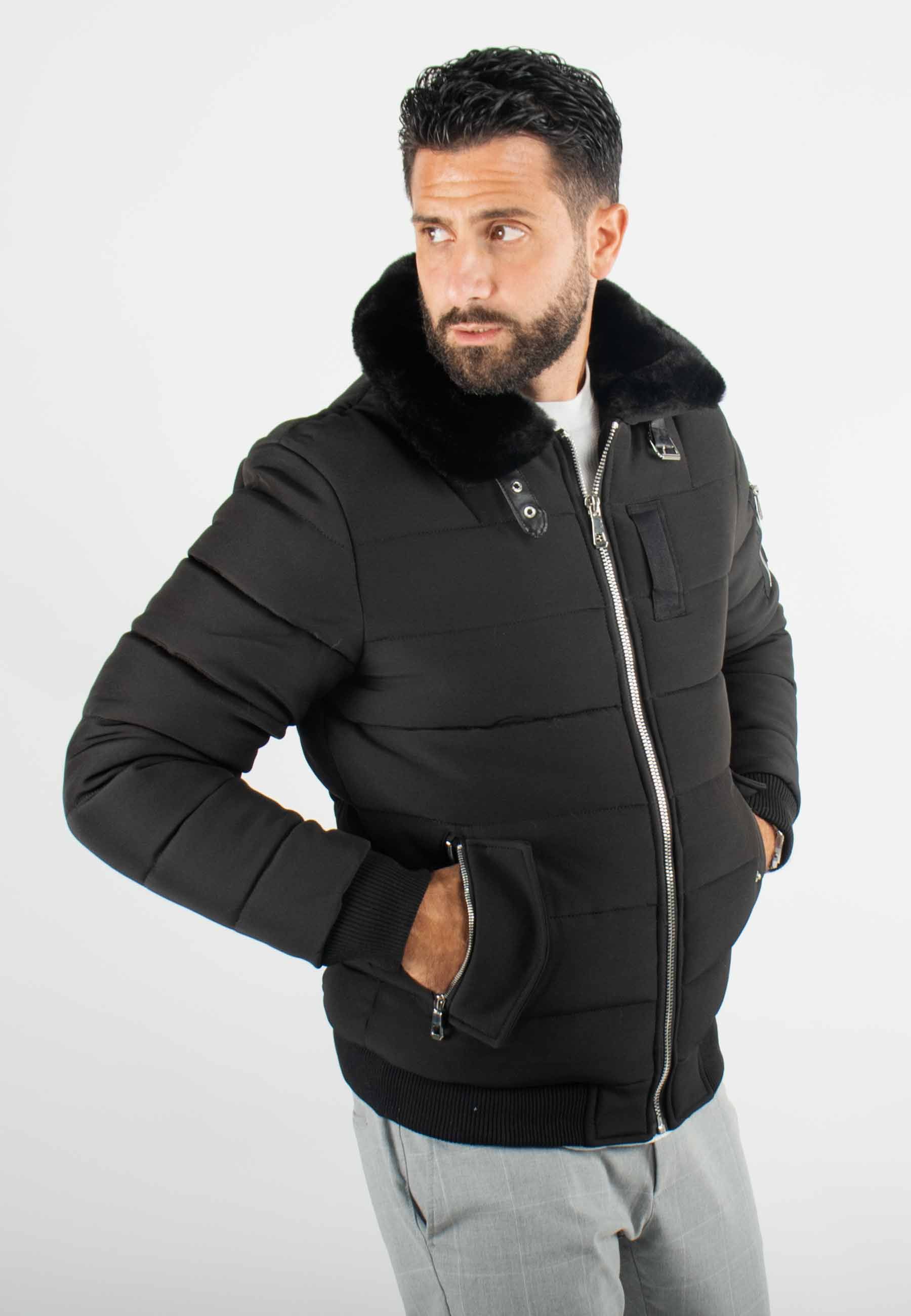 Blouson noir style bombers col fourré noir