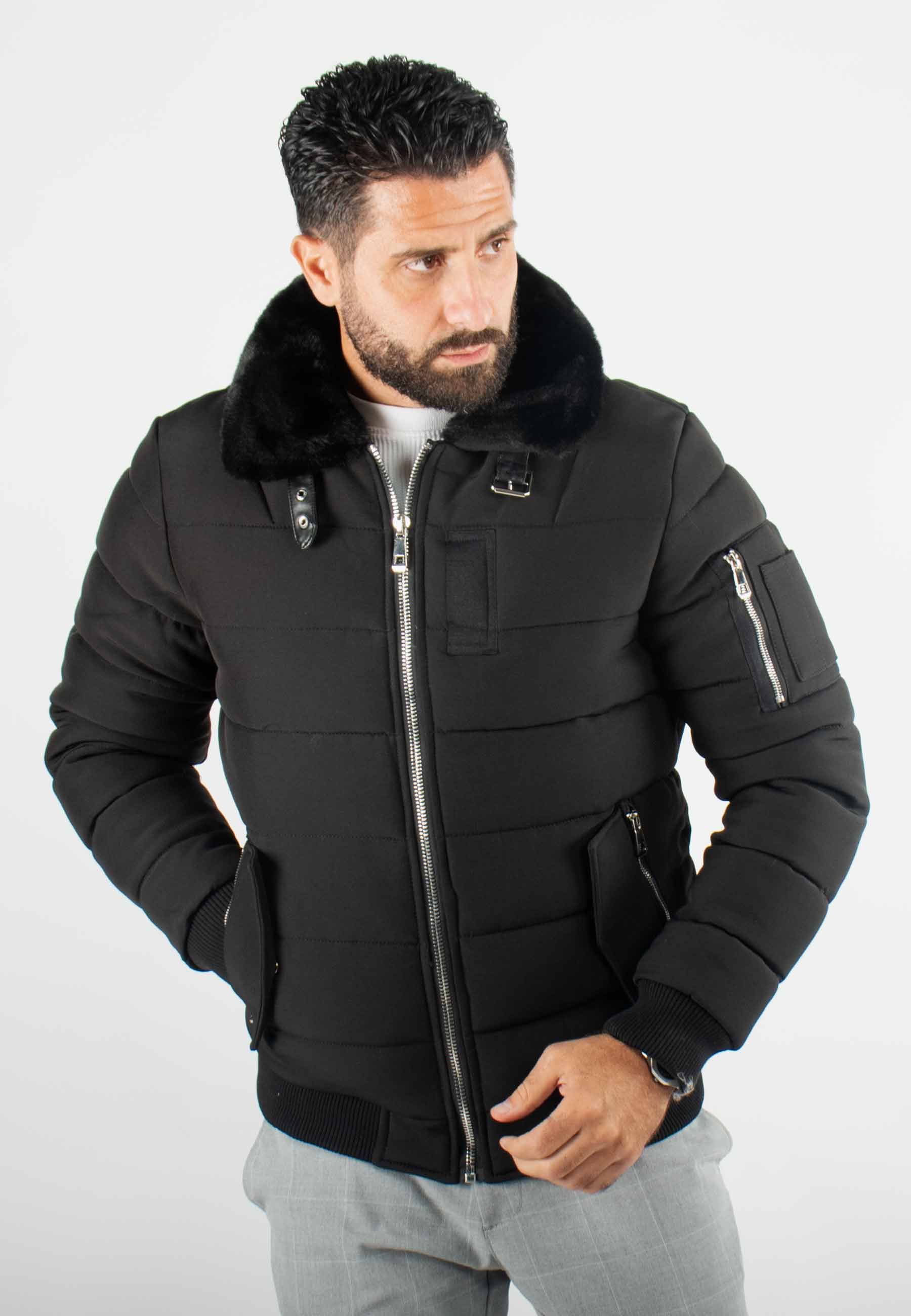 Blouson noir style bombers col fourré noir