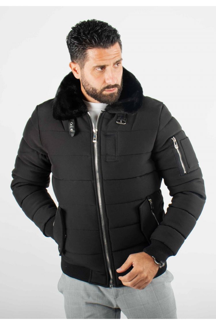 Blouson noir style bombers col fourré noir