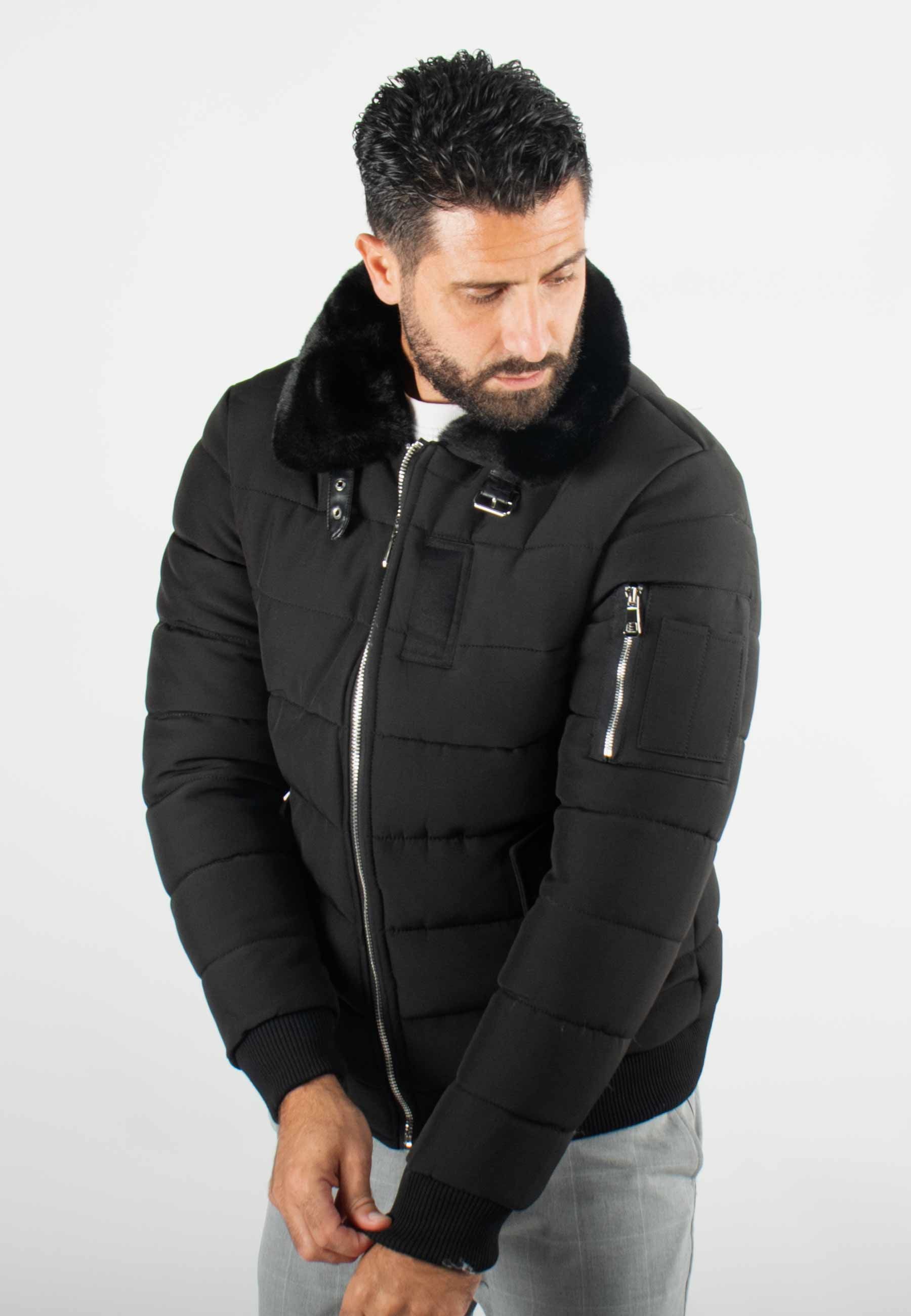 Blouson noir style bombers col fourré noir