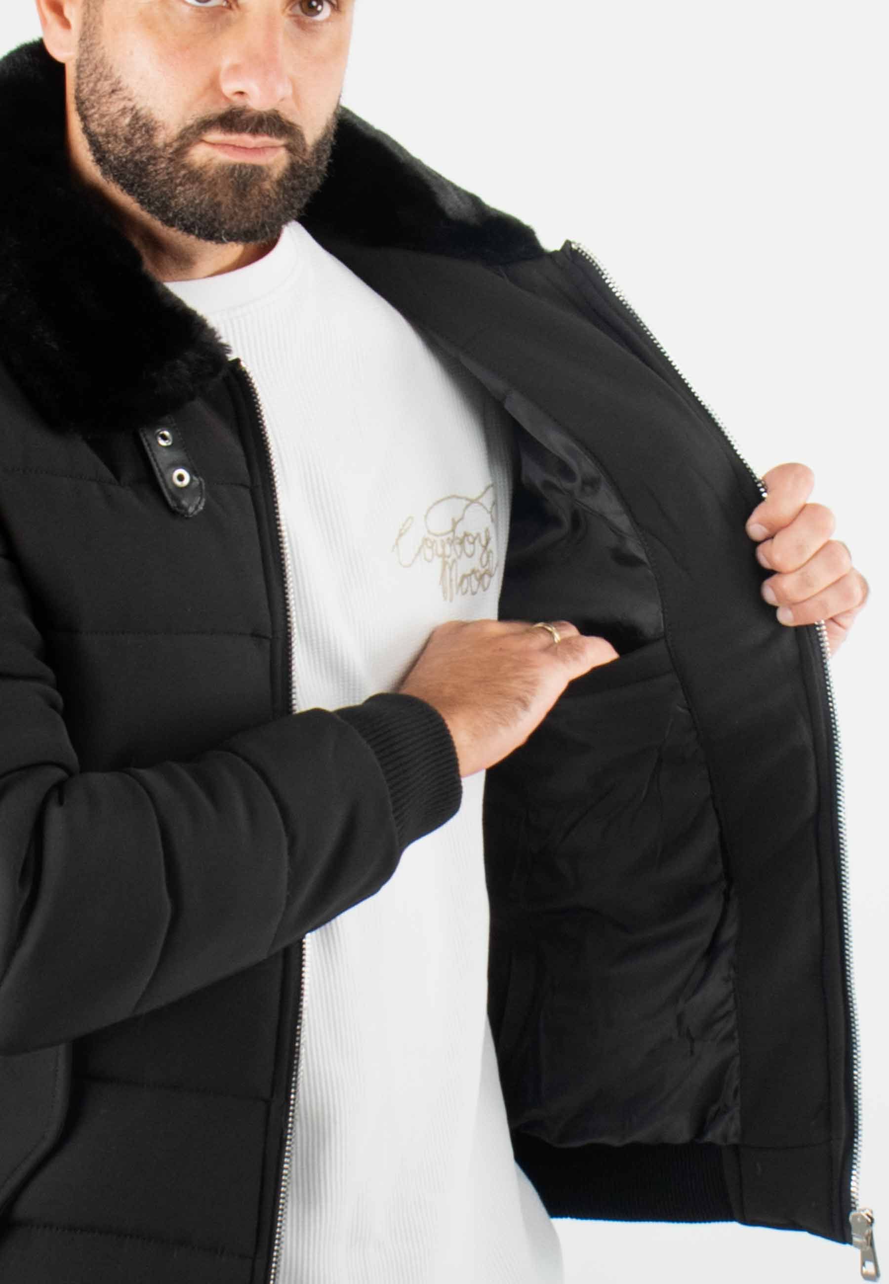 Blouson noir style bombers col fourré noir