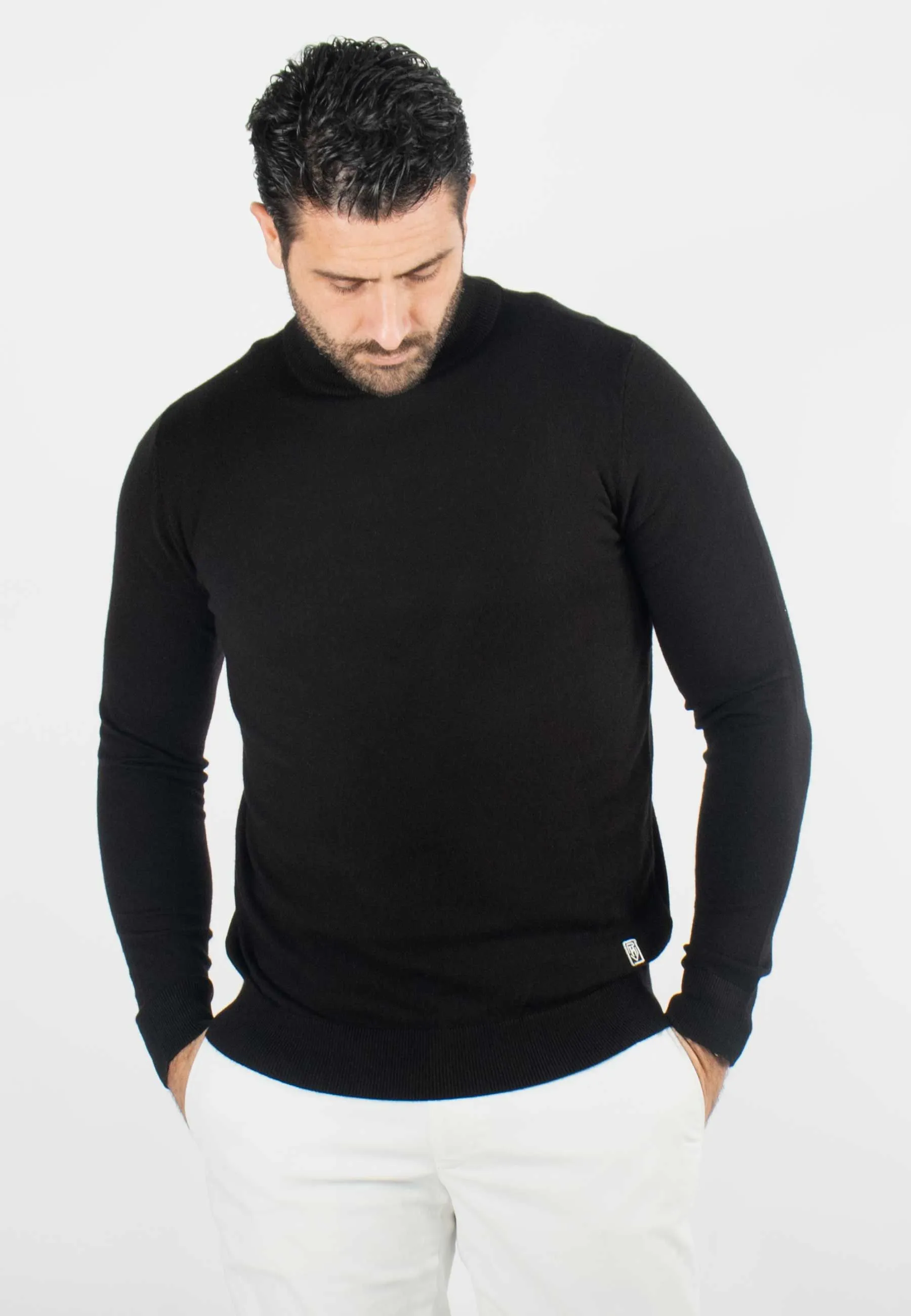 Pull homme col cheminée noir - Touché cachemire