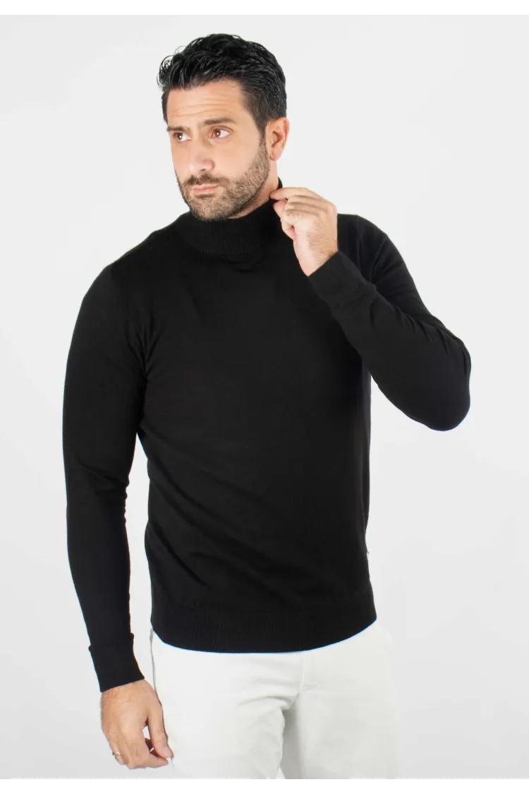 Pull homme col cheminée noir - Touché cachemire
