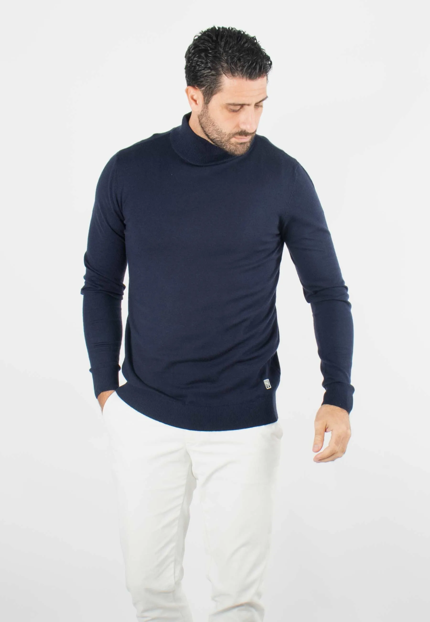 Pull homme col cheminée navy - Touché cachemire
