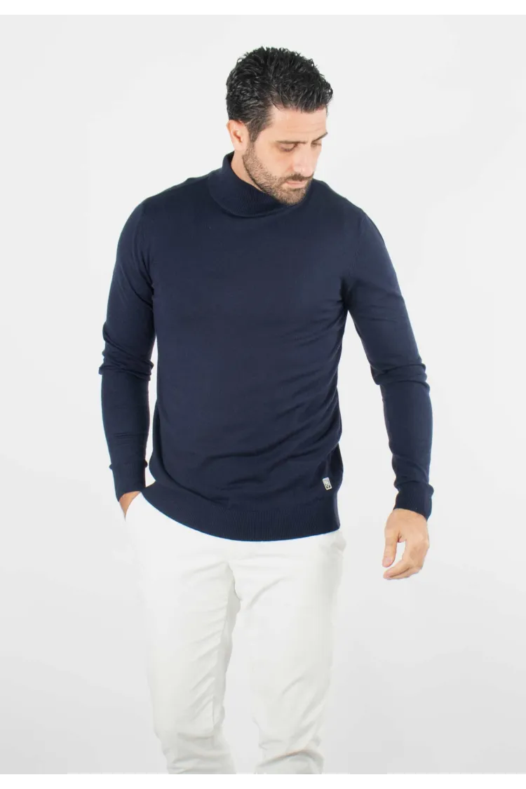 Pull homme col cheminée navy - Touché cachemire