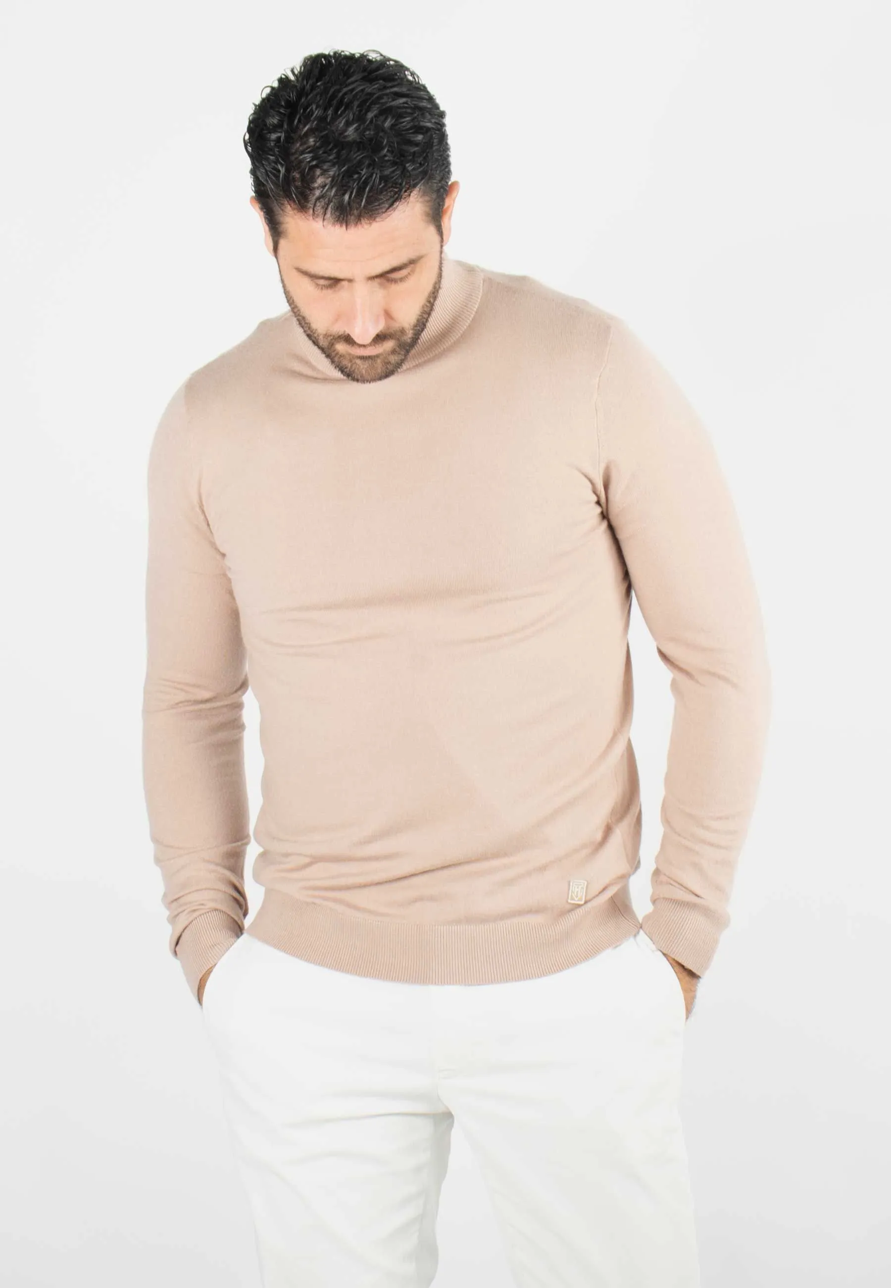 Pull homme col cheminée beige - Touché cachemire