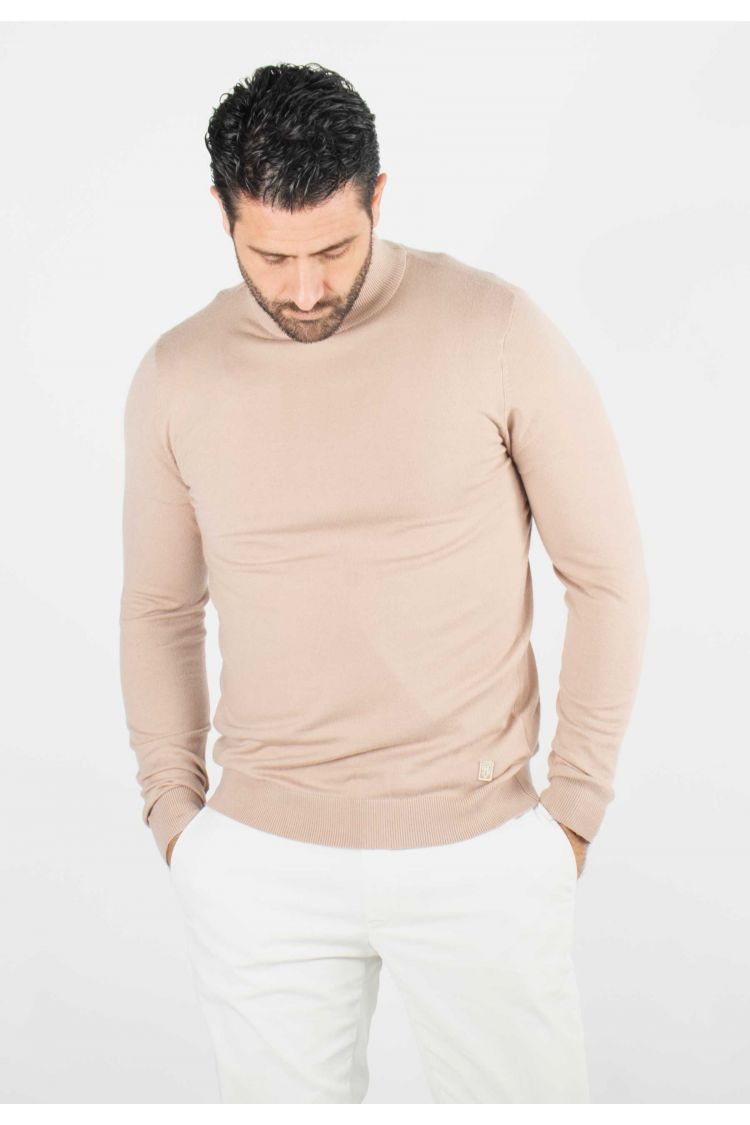 Pull homme col cheminée beige - Touché cachemire
