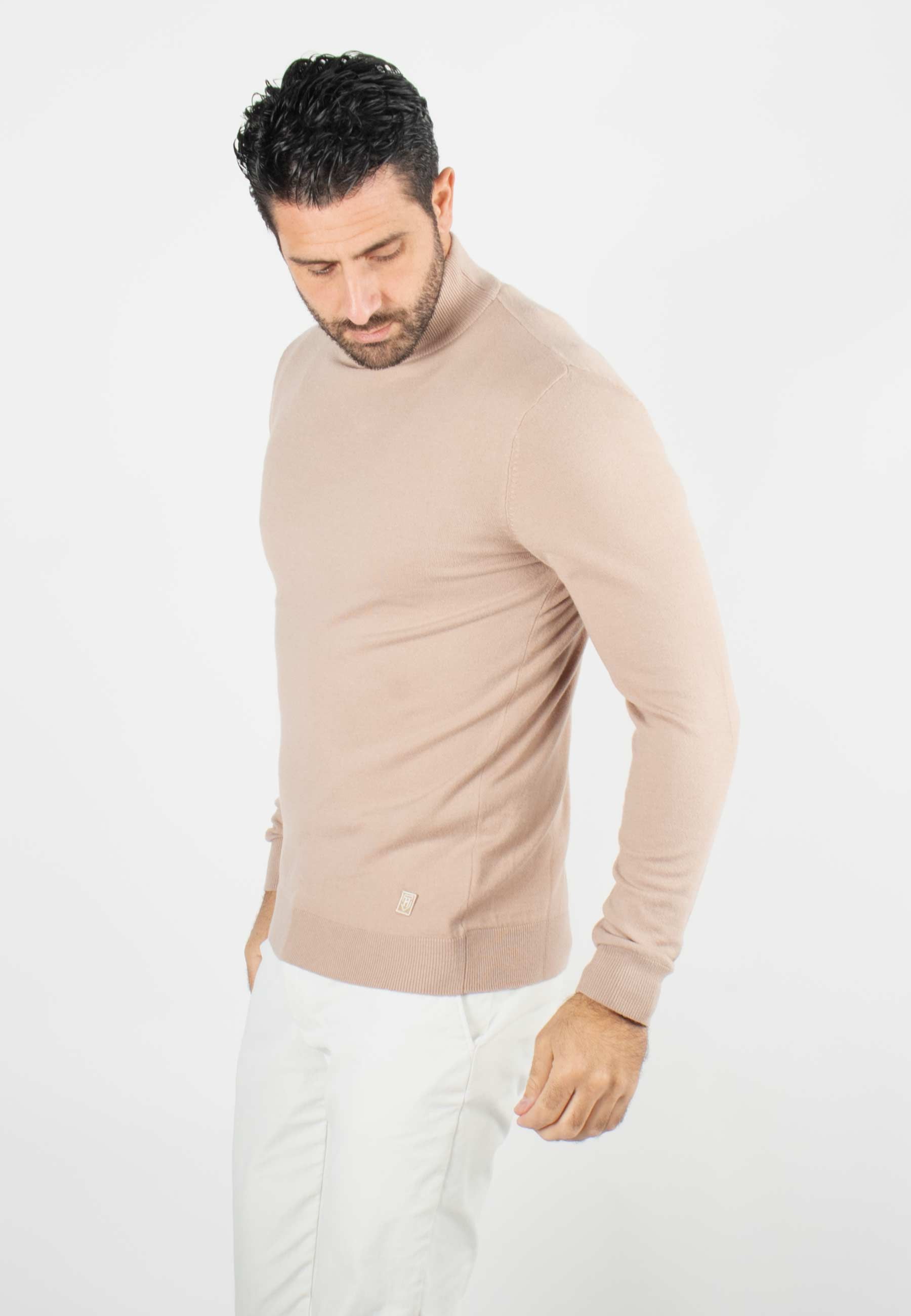 Pull homme col cheminée beige - Touché cachemire