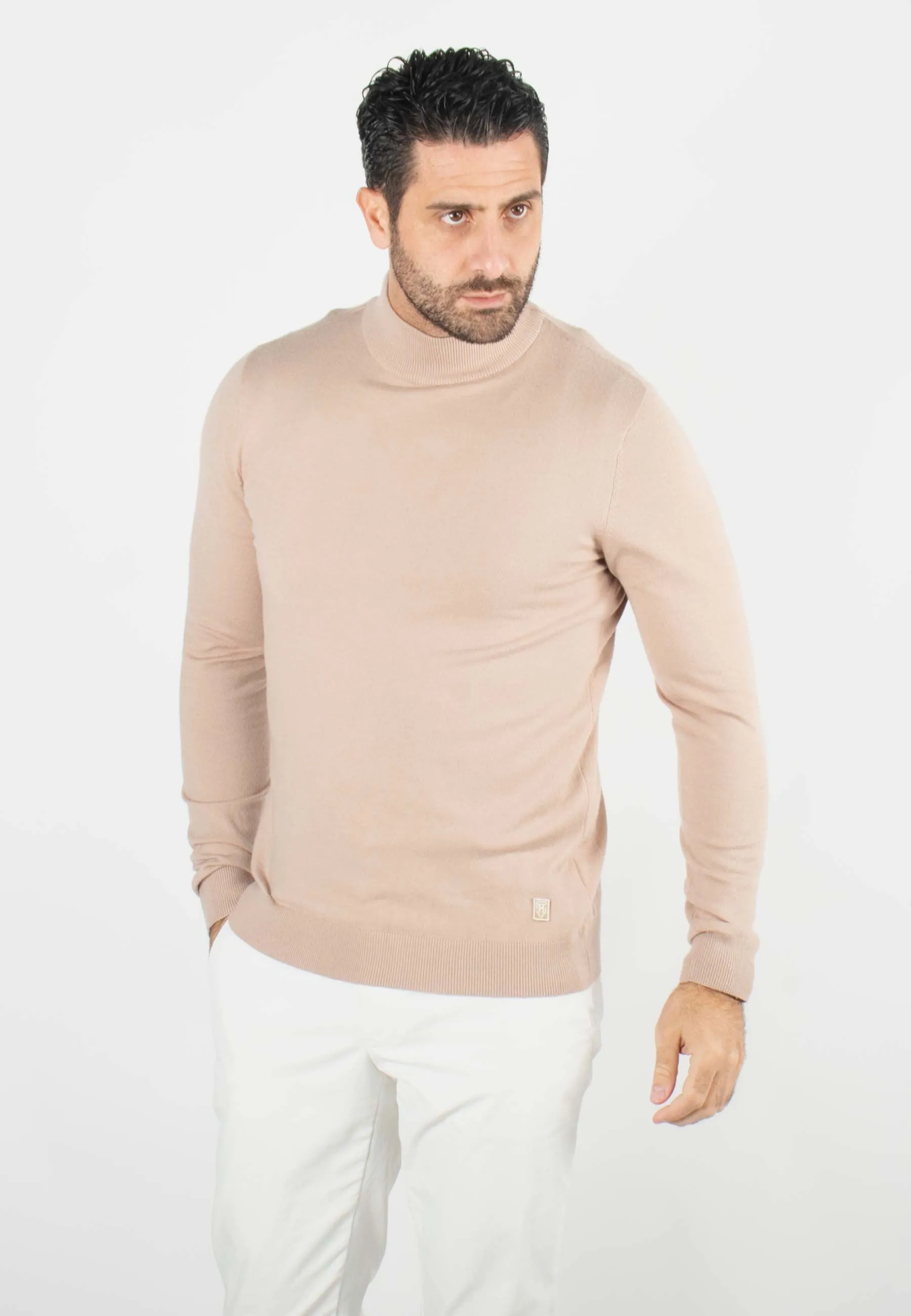 Pull homme col cheminée beige - Touché cachemire