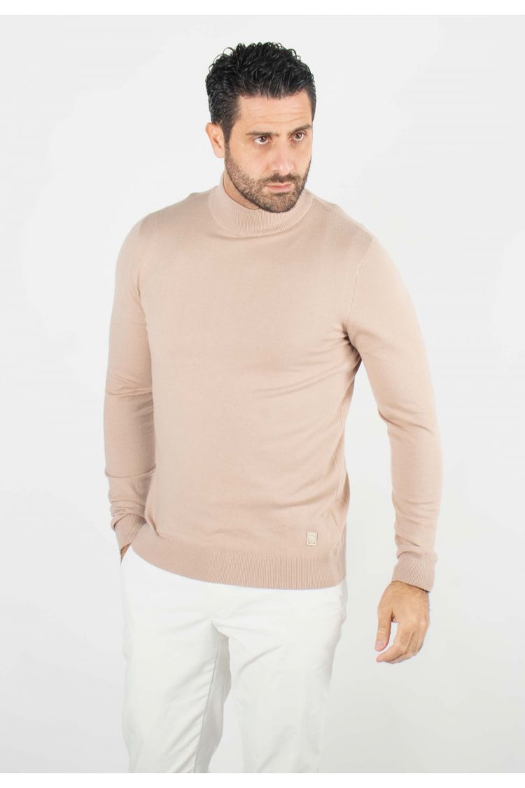 Pull homme col cheminée beige - Touché cachemire