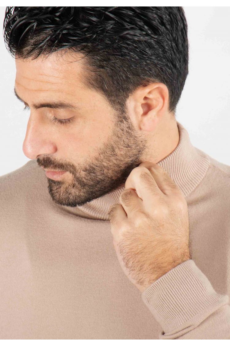 Pull homme col cheminée beige - Touché cachemire