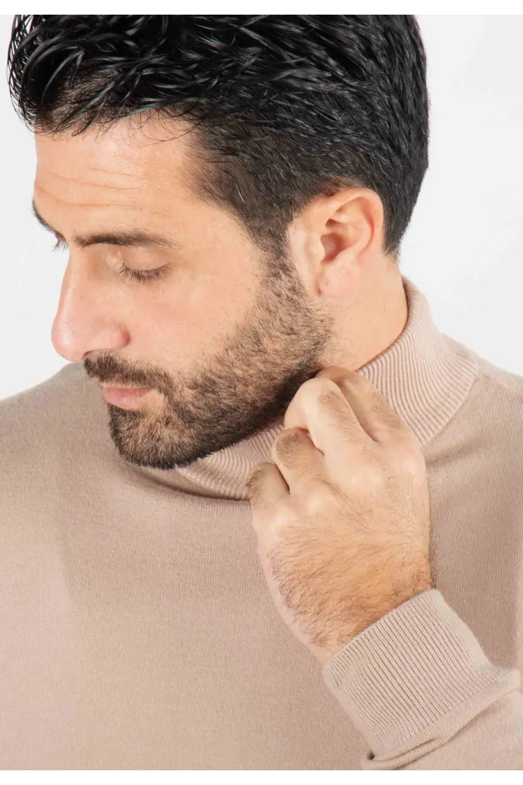 Pull homme col cheminée beige - Touché cachemire