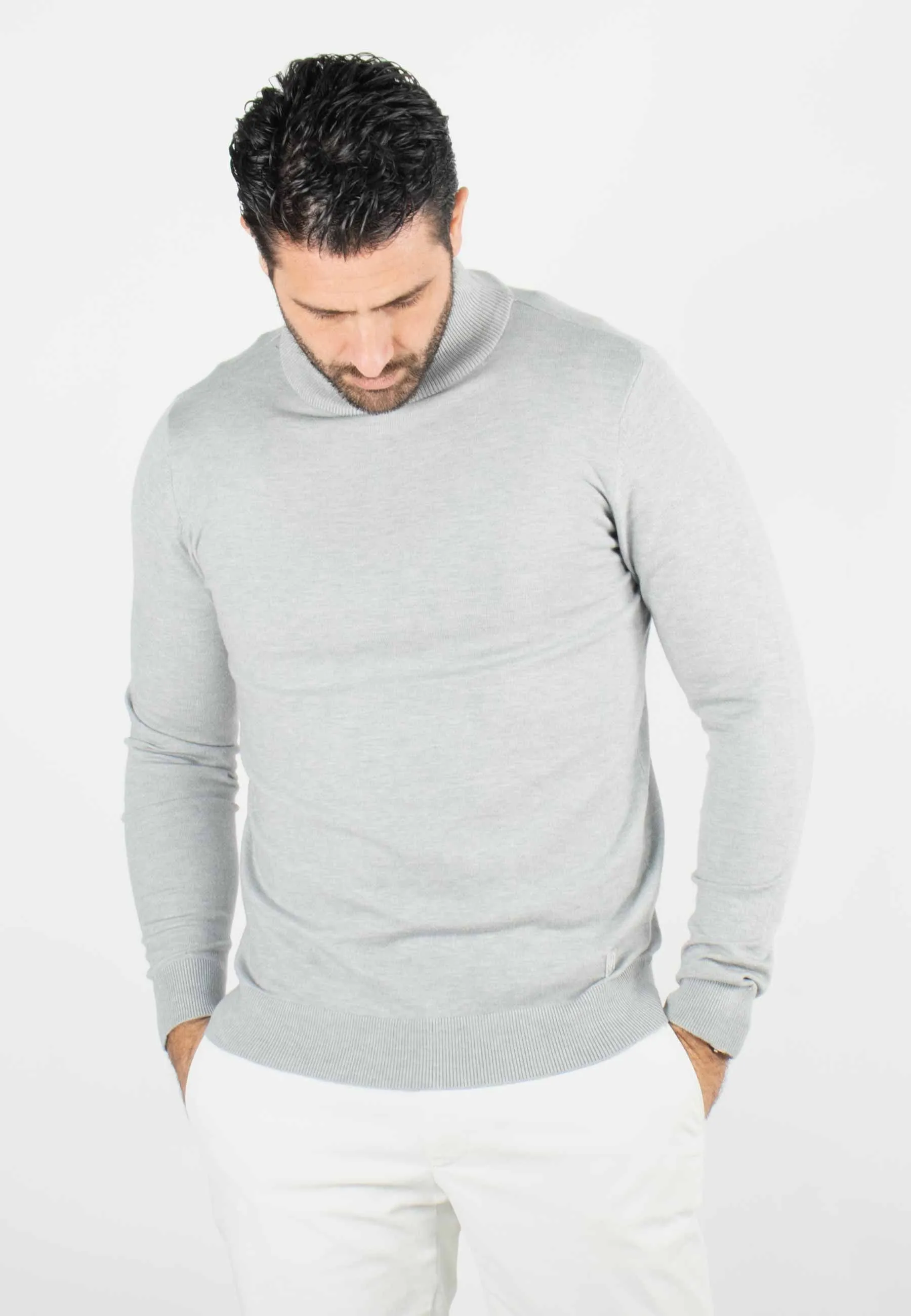 Pull homme col cheminée gris - Touché cachemire