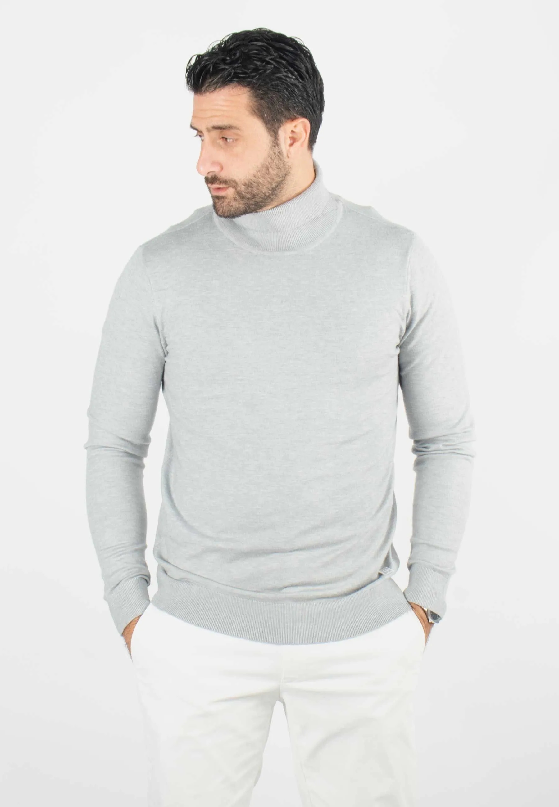 Pull homme col roulé gris - Touché cachemire