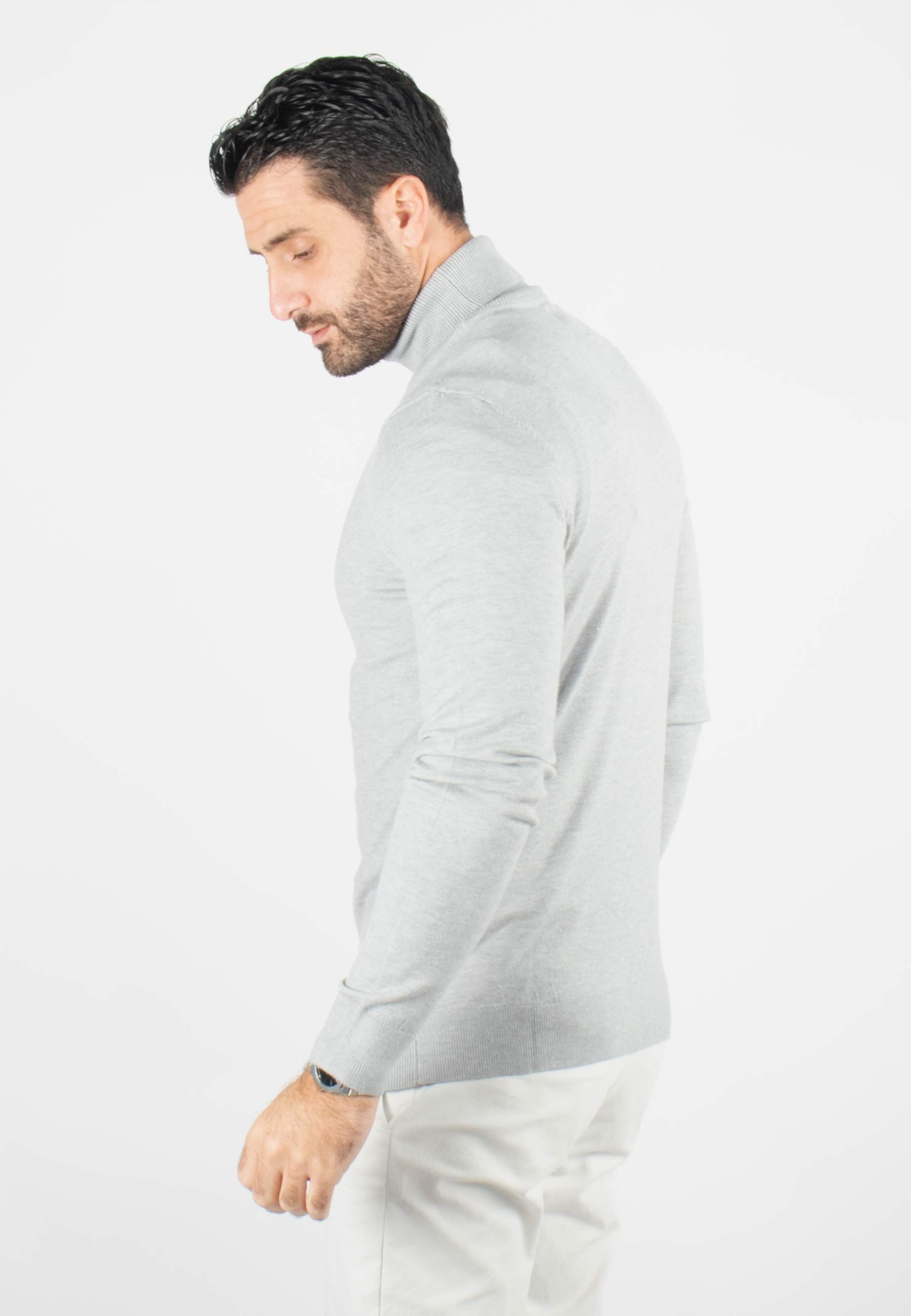 Pull homme col roulé gris - Touché cachemire