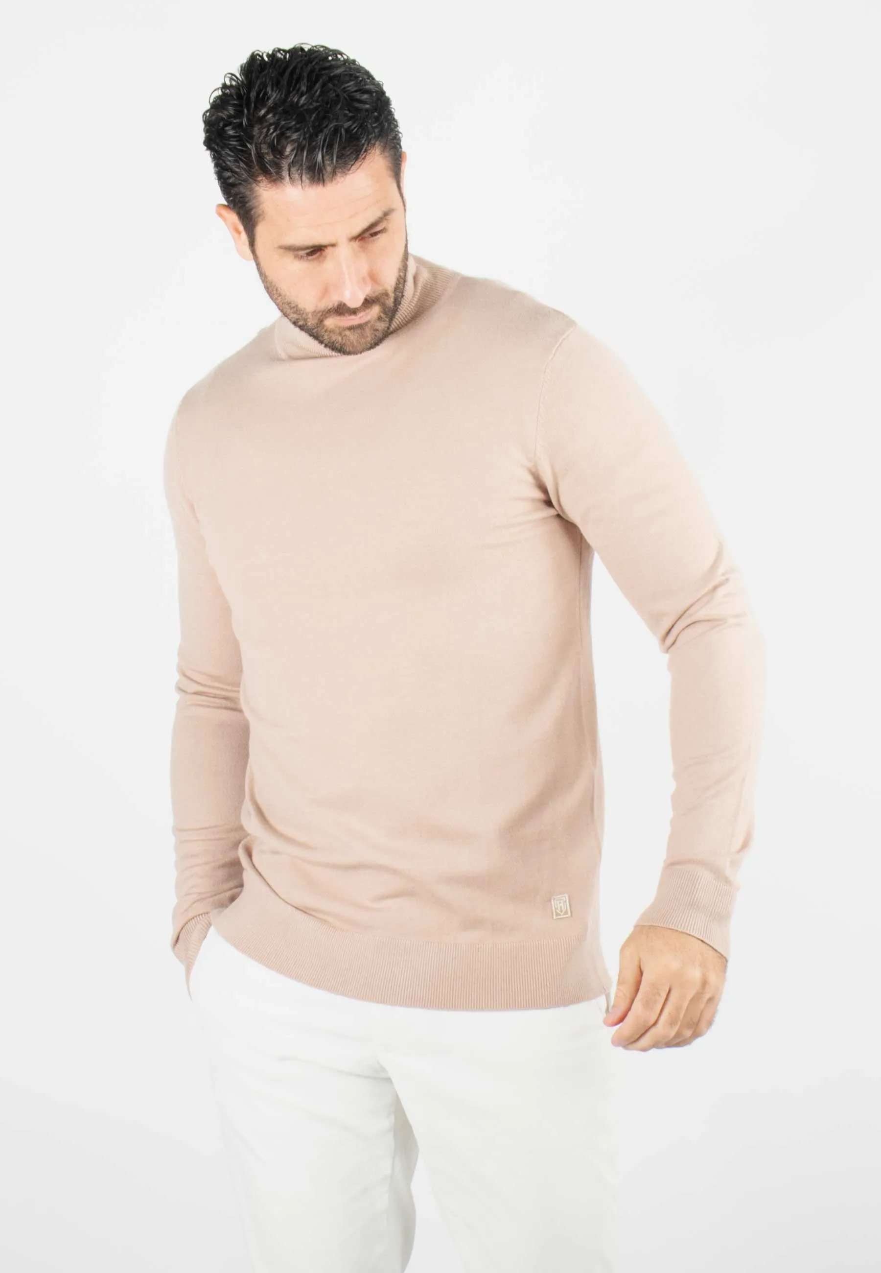 Pull homme col roulé beige - Touché cachemire