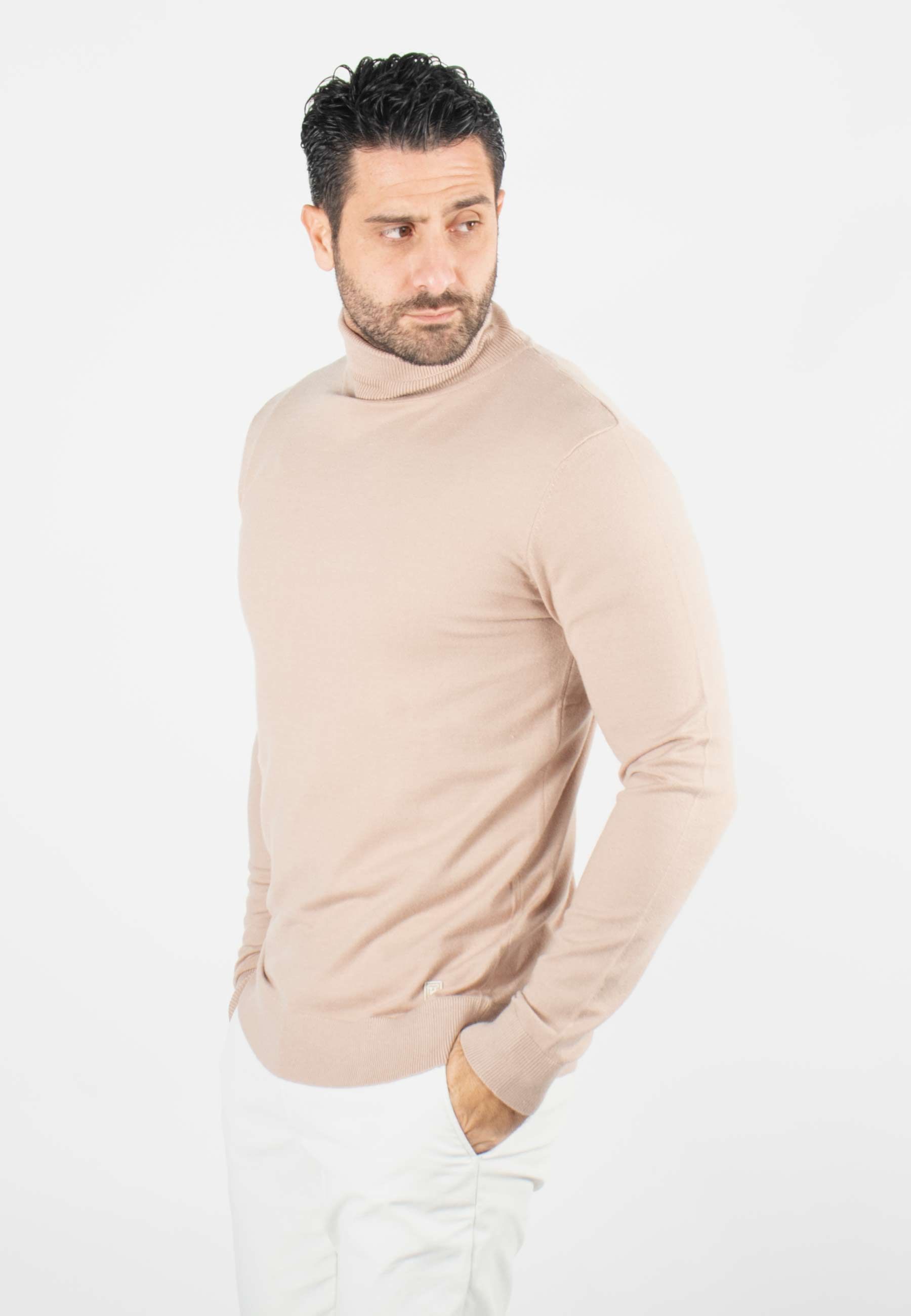 Pull homme col roulé beige - Touché cachemire