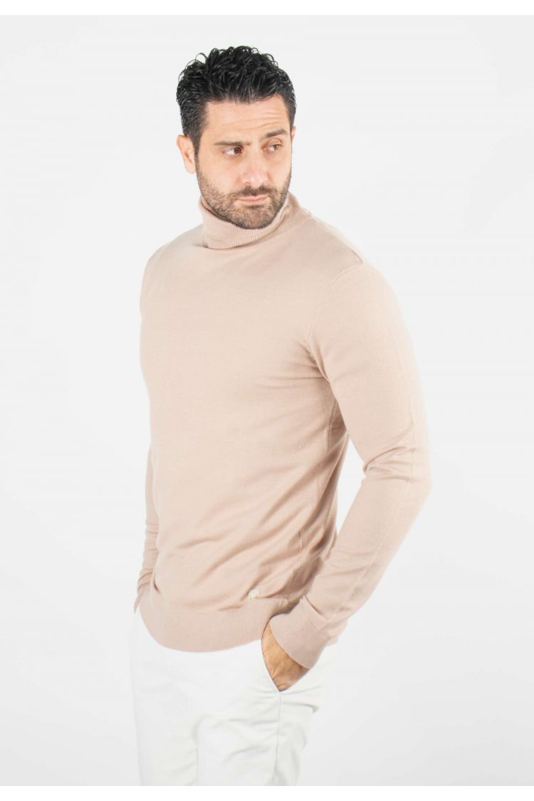 Pull homme col roulé beige - Touché cachemire