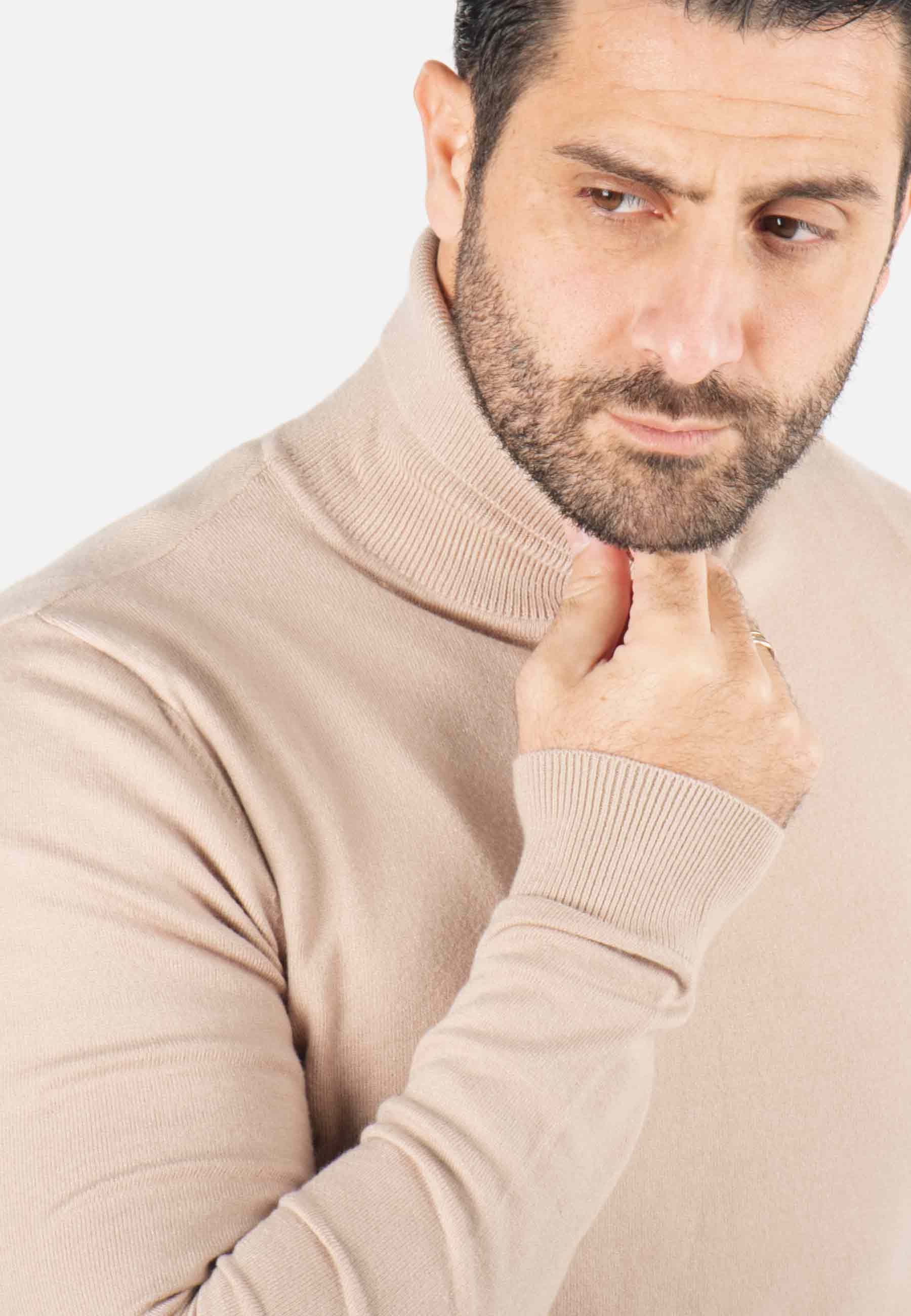 Pull homme col roulé beige - Touché cachemire