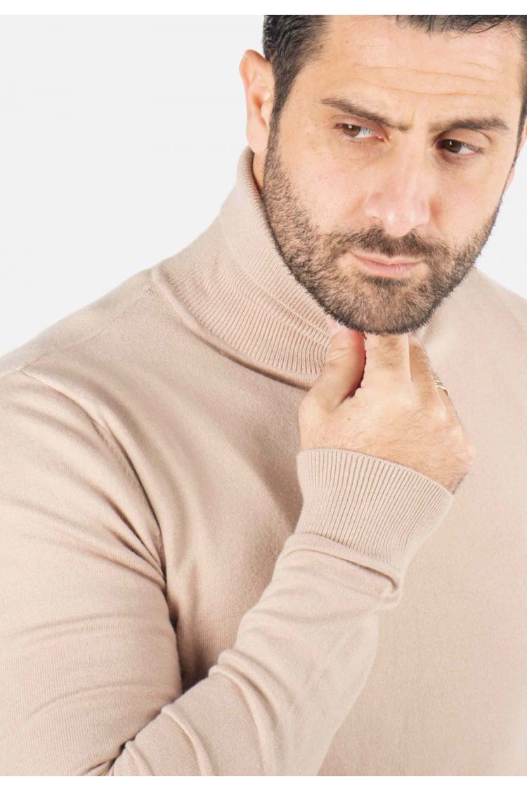 Pull homme col roulé beige - Touché cachemire