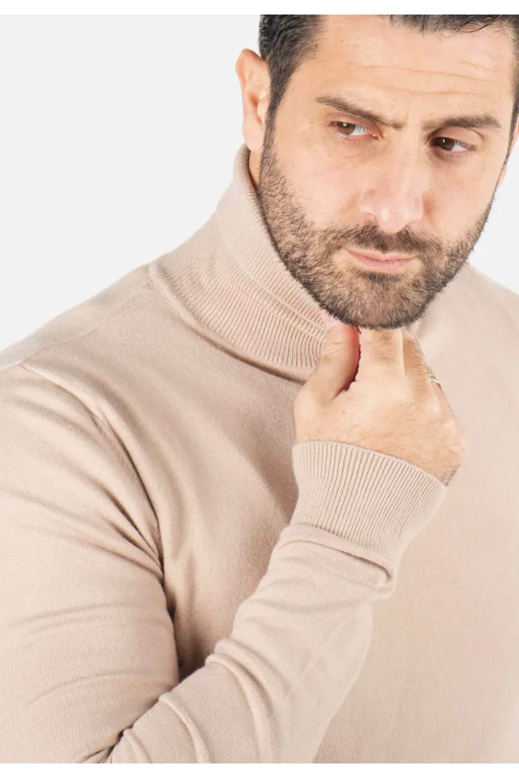 Pull homme col roulé beige - Touché cachemire