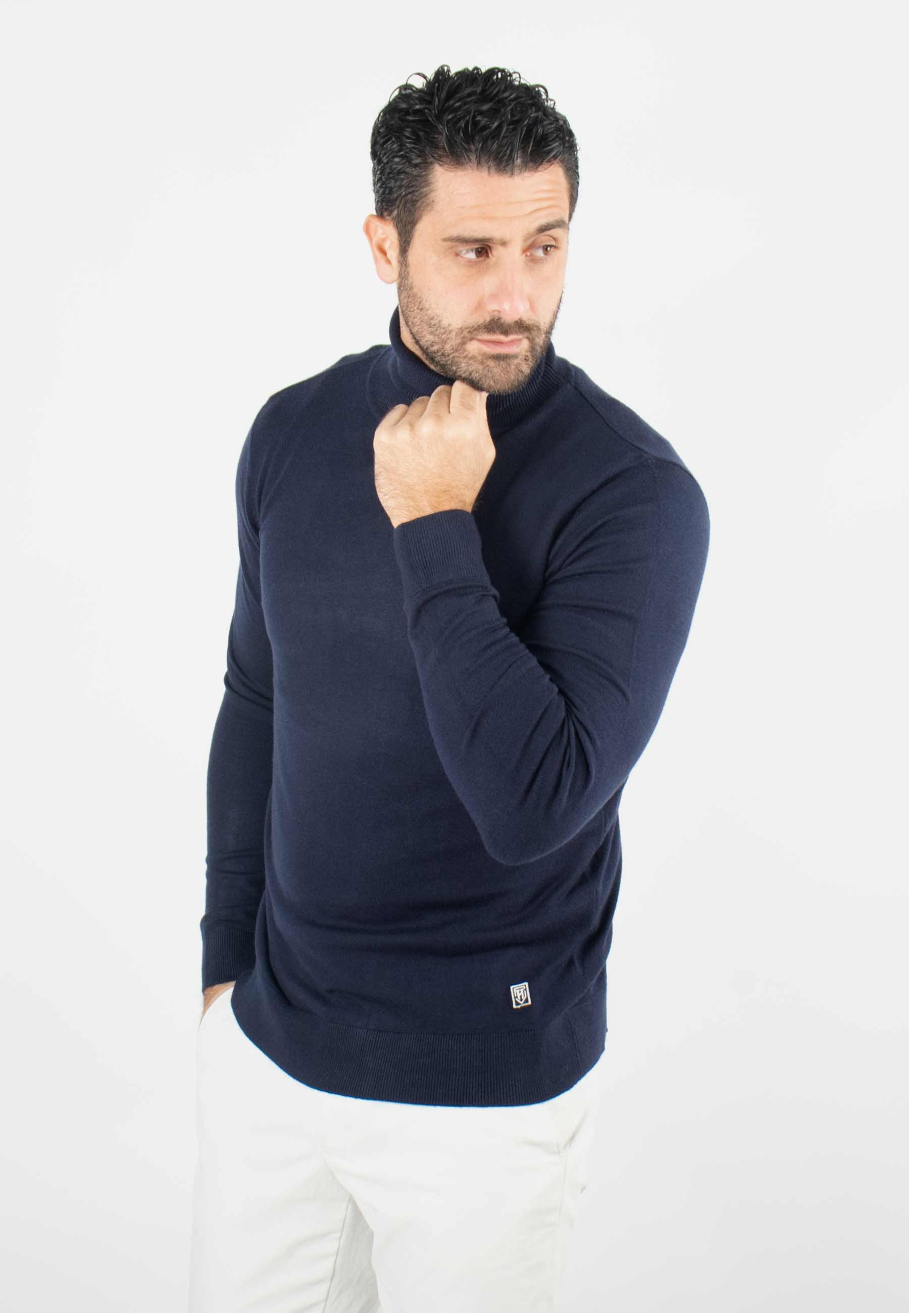 Pull homme col roulé navy - Touché cachemire