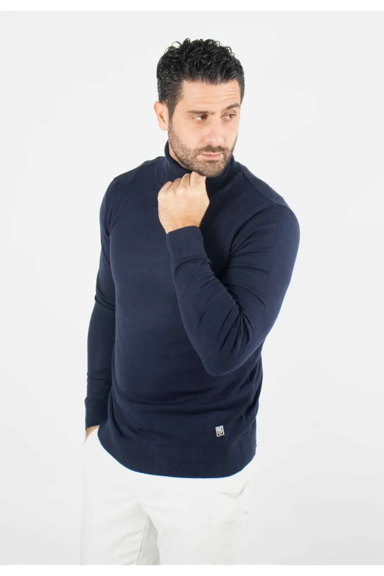 Pull homme col roulé navy - Touché cachemire