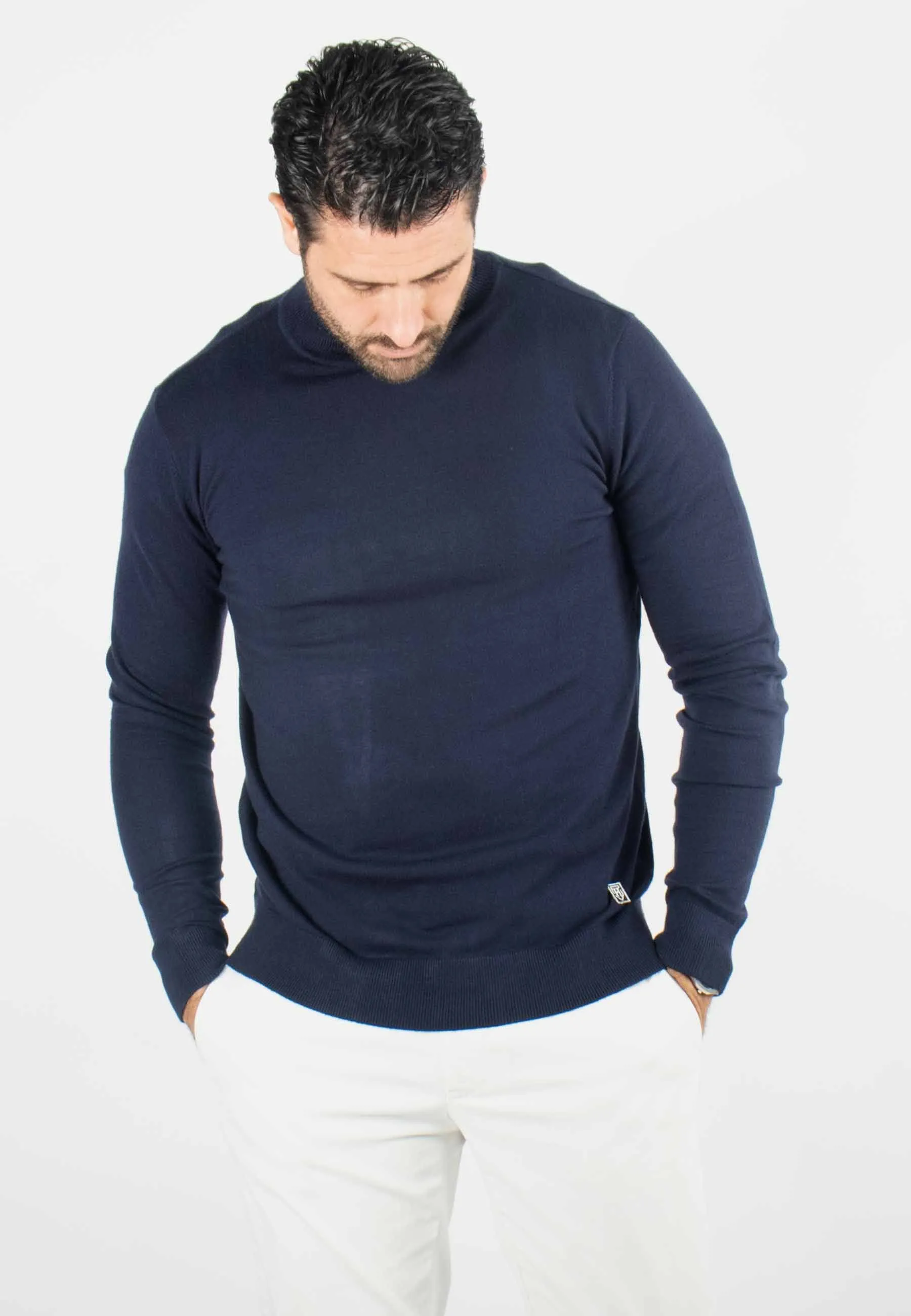 Pull homme col roulé navy - Touché cachemire