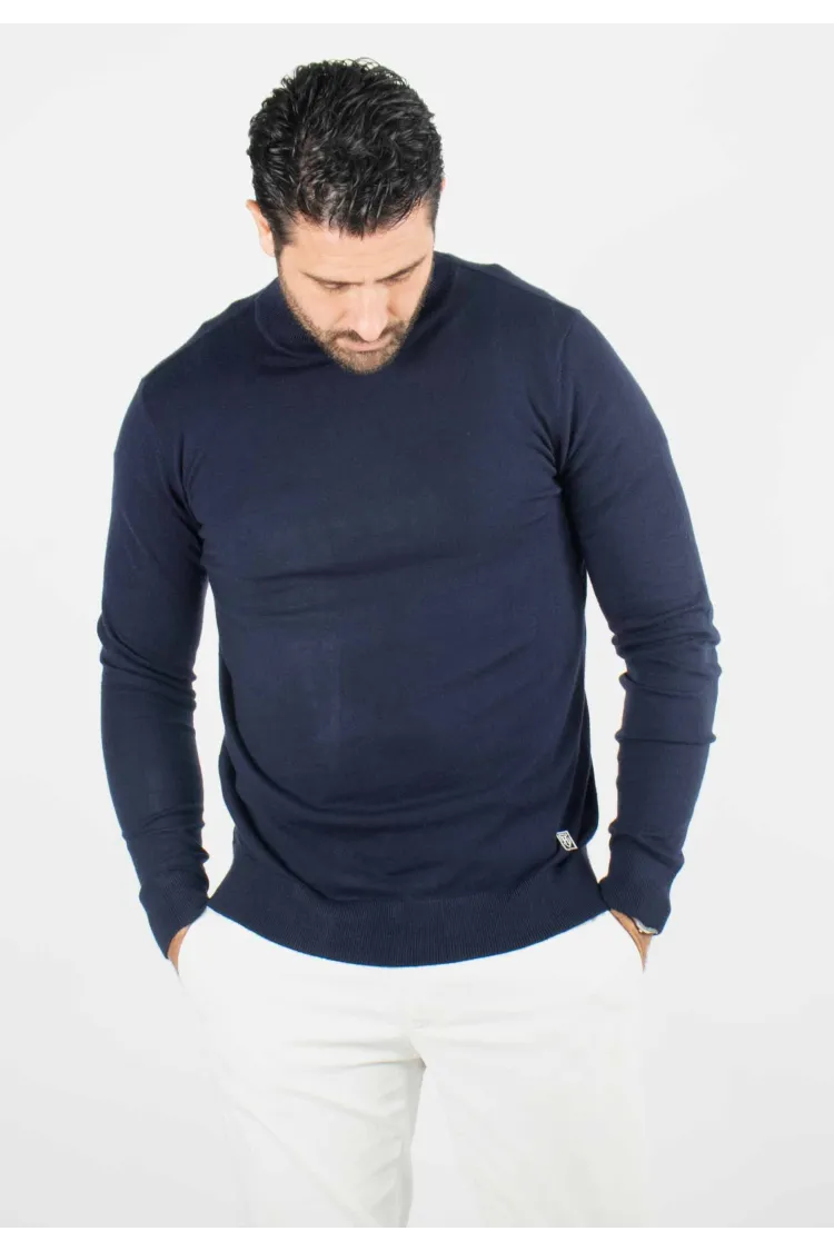 Pull homme col roulé navy - Touché cachemire