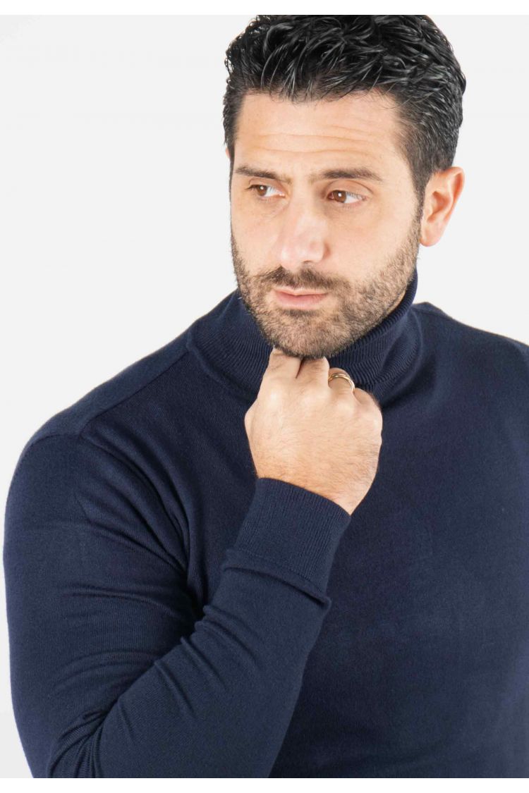 Pull homme col roulé navy - Touché cachemire