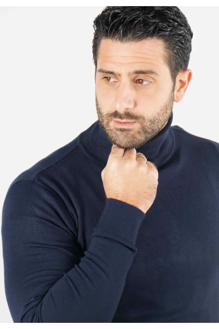 Pull homme col roulé navy - Touché cachemire