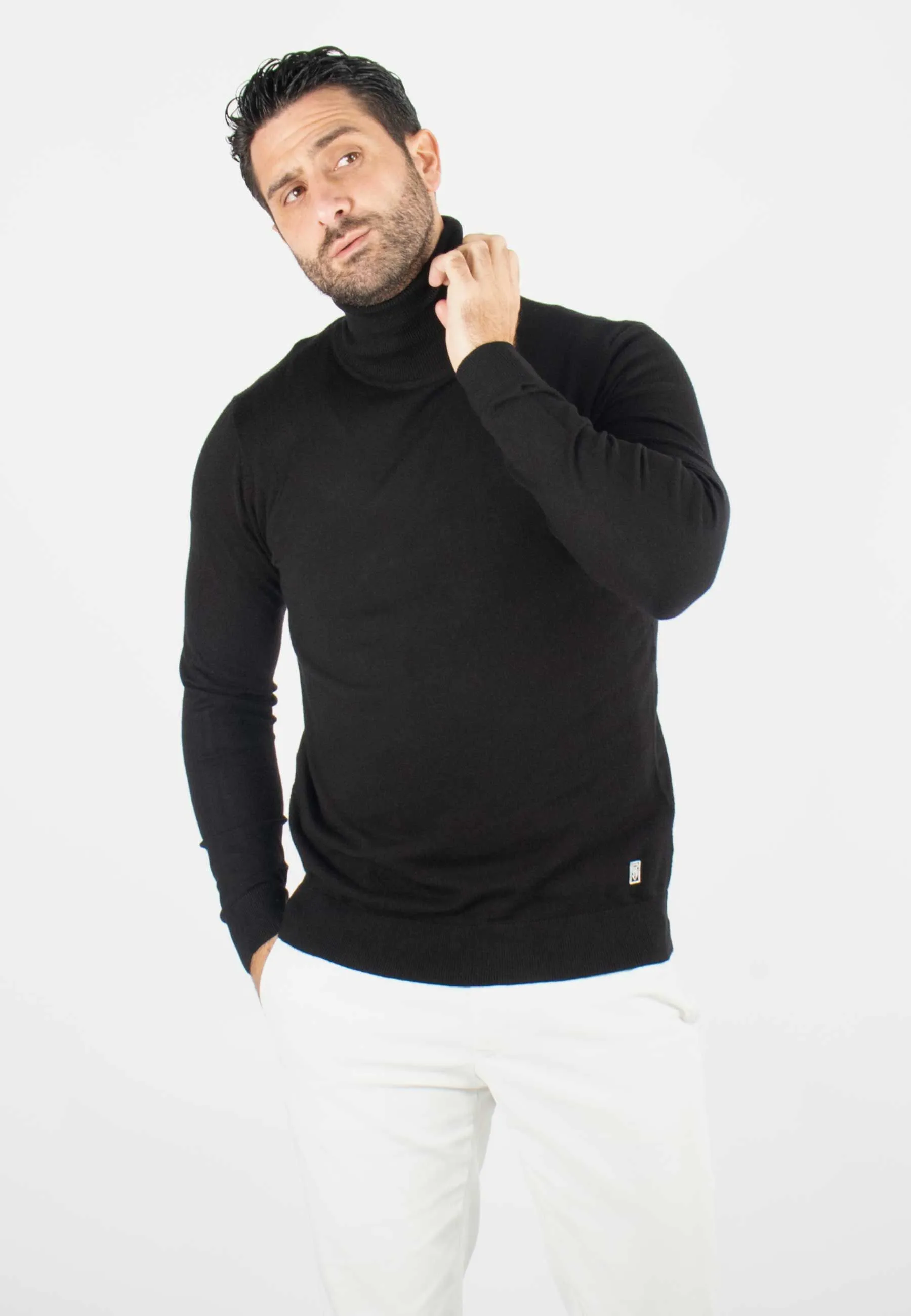 Pull homme col roulé noir - Touché cachemire
