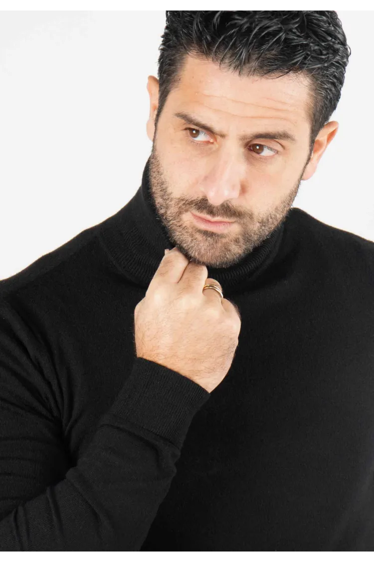 Pull homme col roulé noir - Touché cachemire