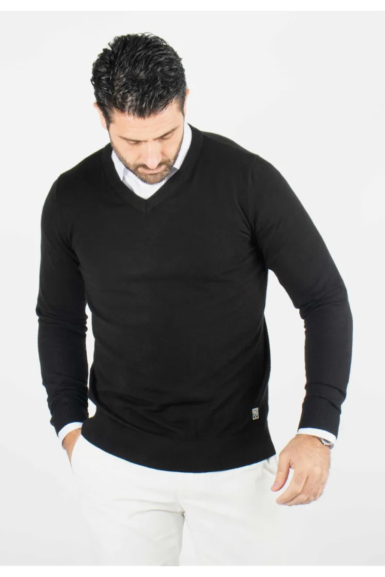 Pull homme col v noir - Touché cachemire