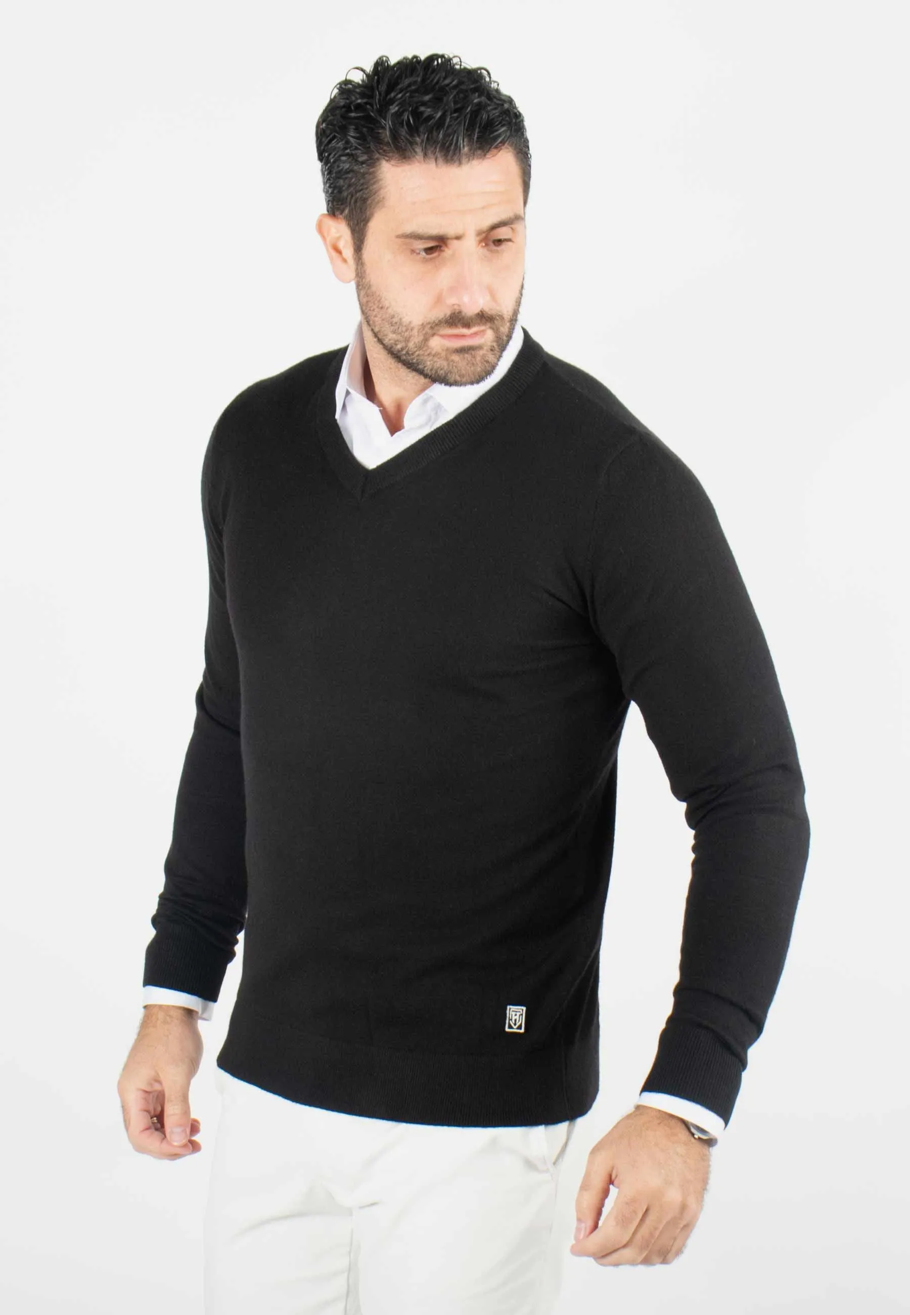 Pull homme col v noir - Touché cachemire