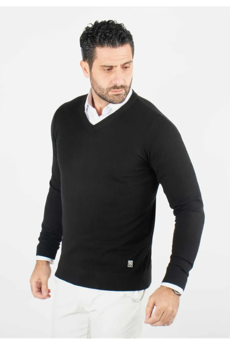 Pull homme col v noir - Touché cachemire