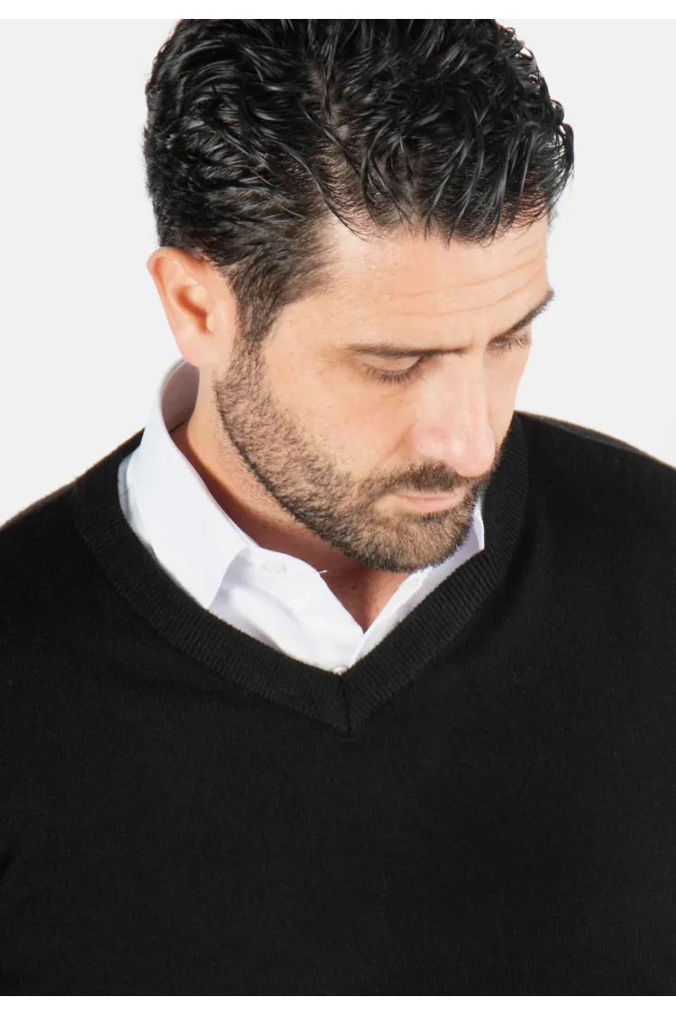 Pull homme col v noir - Touché cachemire