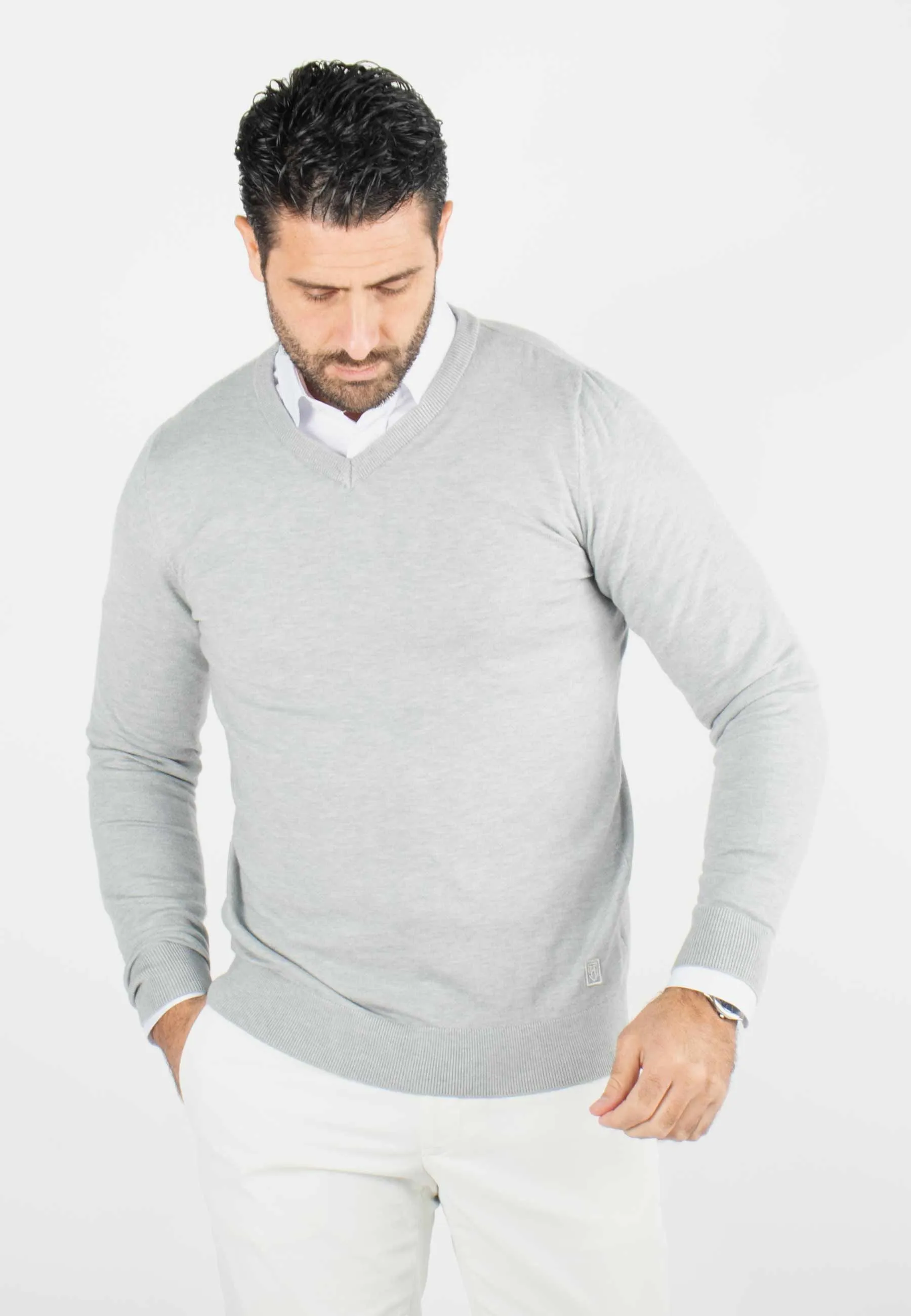 Pull homme col v gris - Touché cachemire