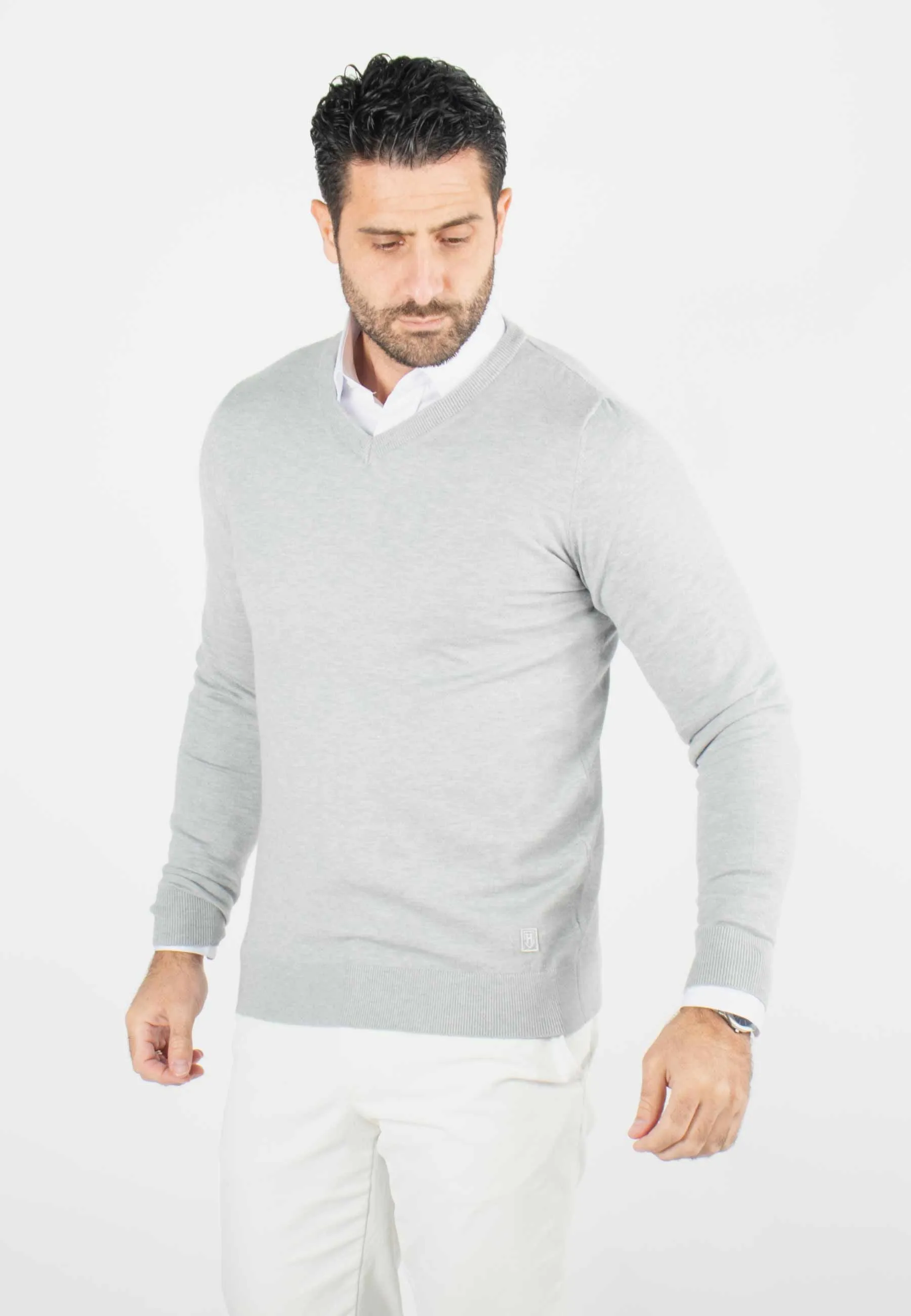 Pull homme col v gris - Touché cachemire