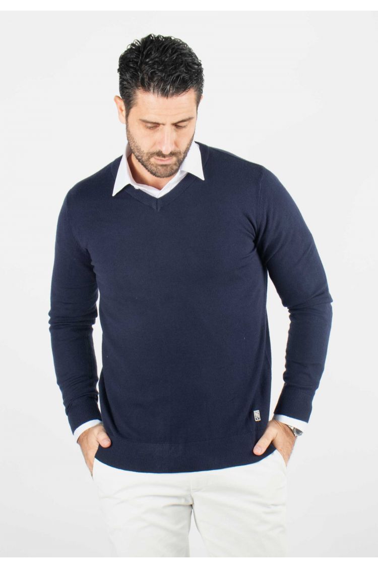 Pull homme col v navy - Touché cachemire