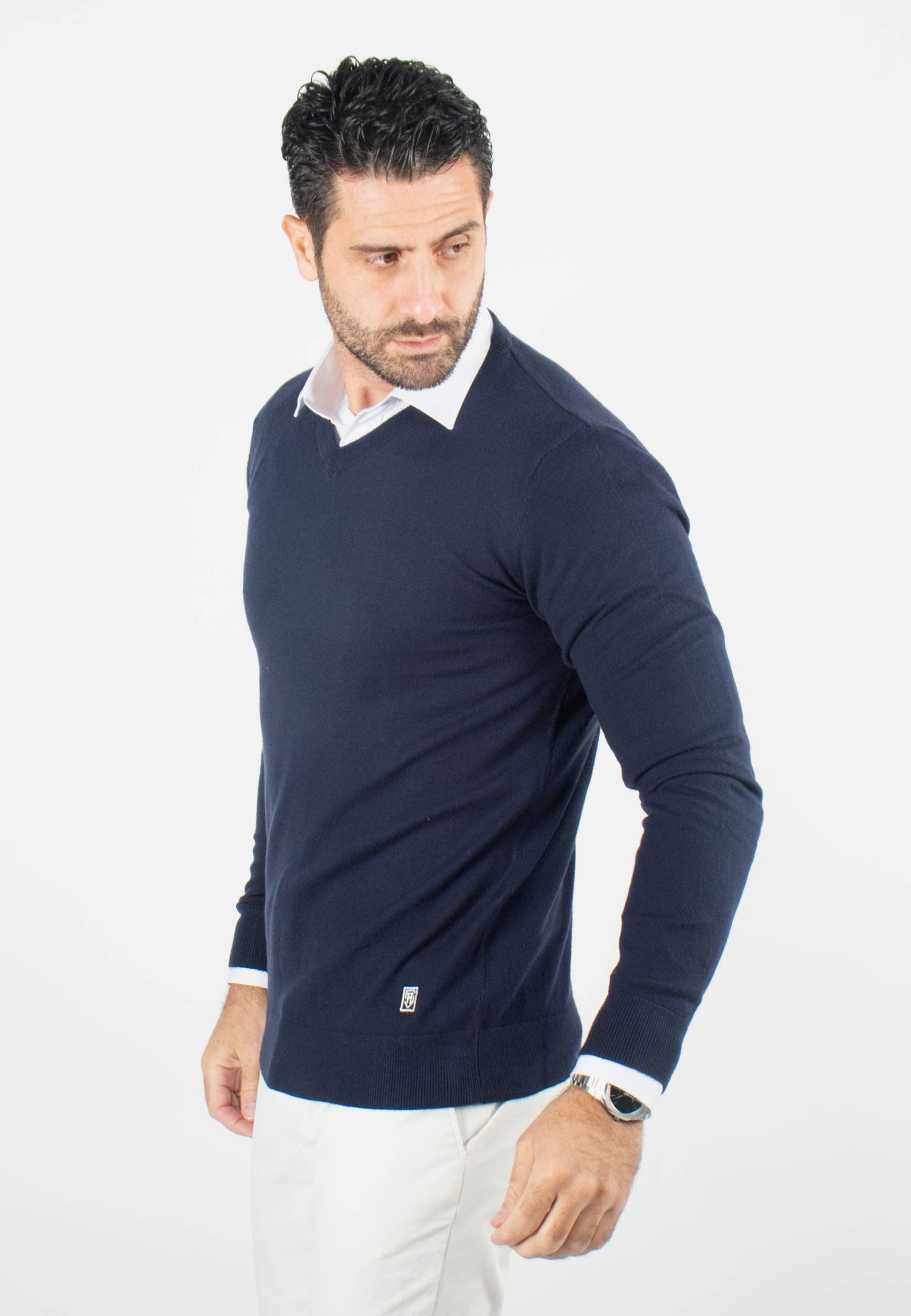 Pull homme col v navy - Touché cachemire