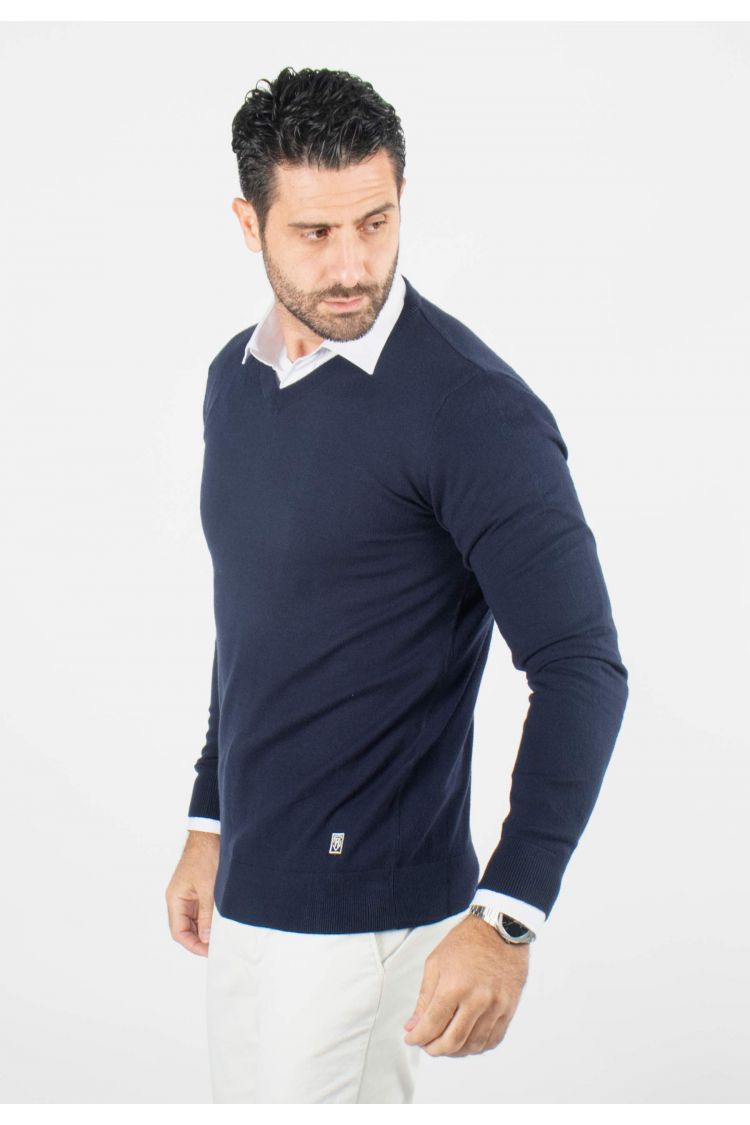 Pull homme col v navy - Touché cachemire