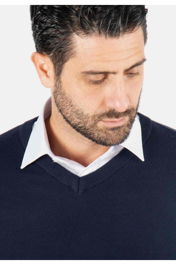 Pull homme col v navy - Touché cachemire