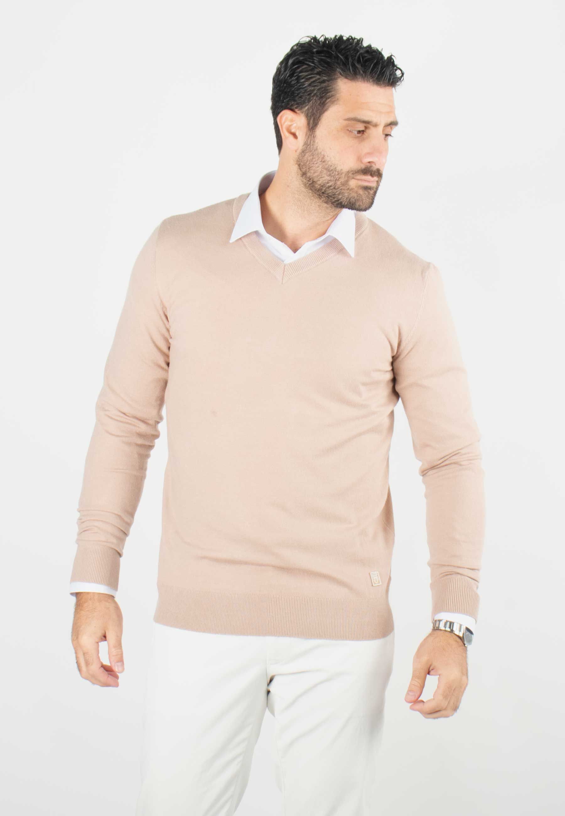 Pull homme col v beige - Touché cachemire