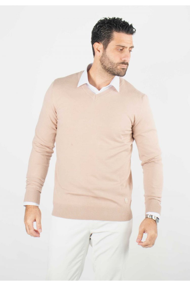 Pull homme col v beige - Touché cachemire