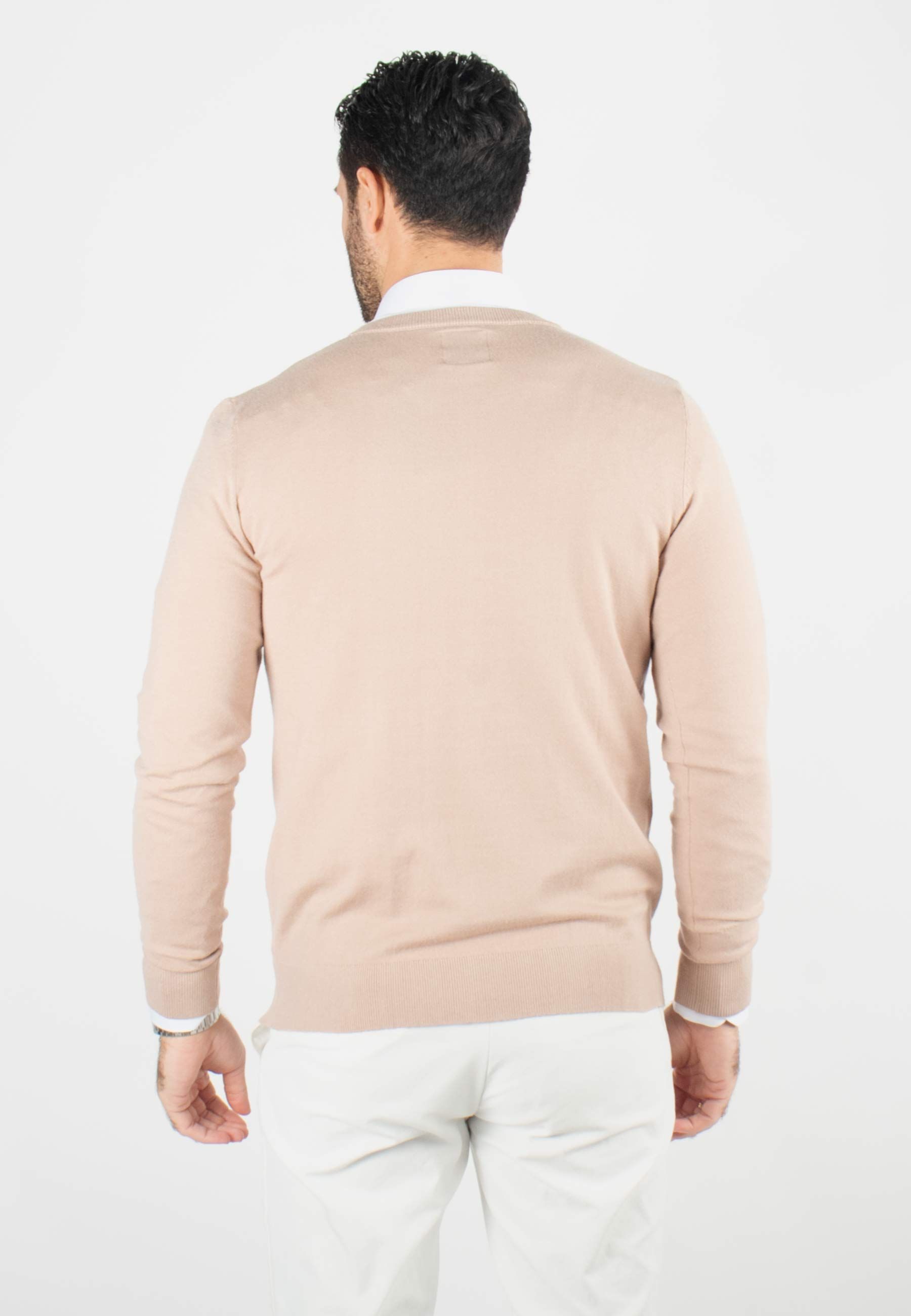 Pull homme col v beige - Touché cachemire